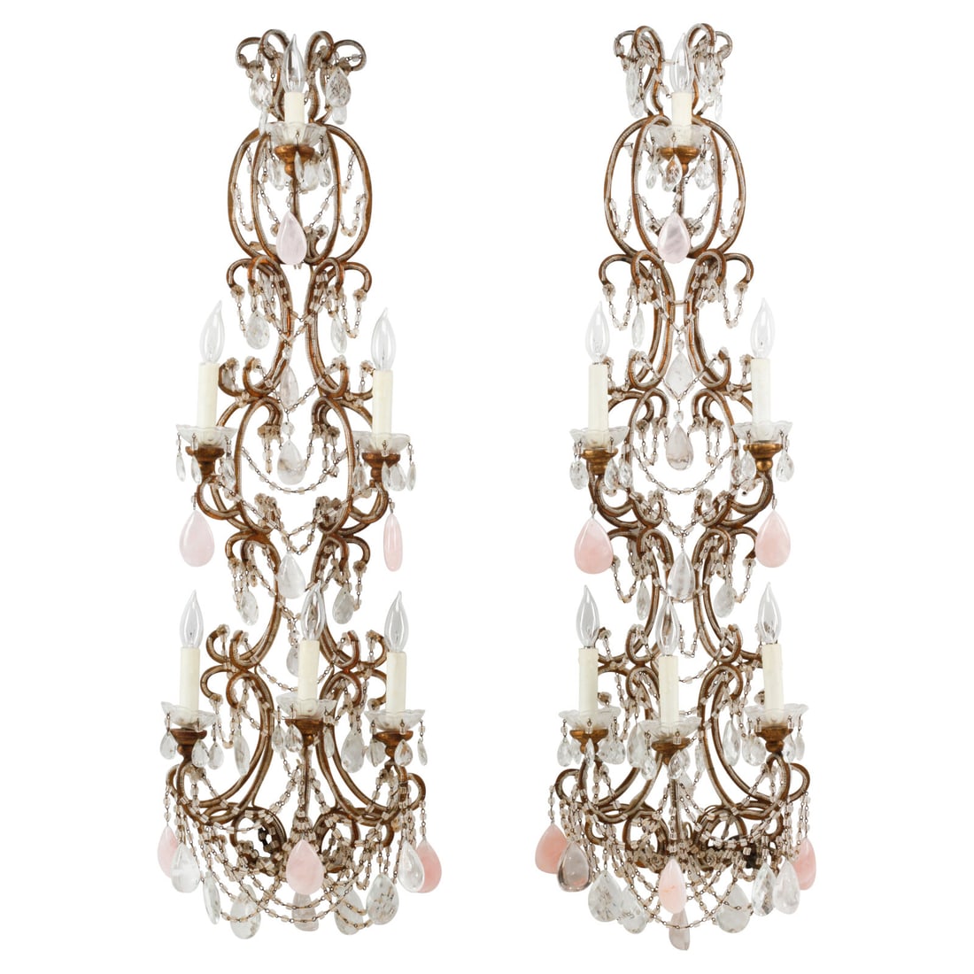 A Pair of Large Rock Crystal, Rose Quartz and Beaded Giltwood Six-Light Sconces (1 of 3)