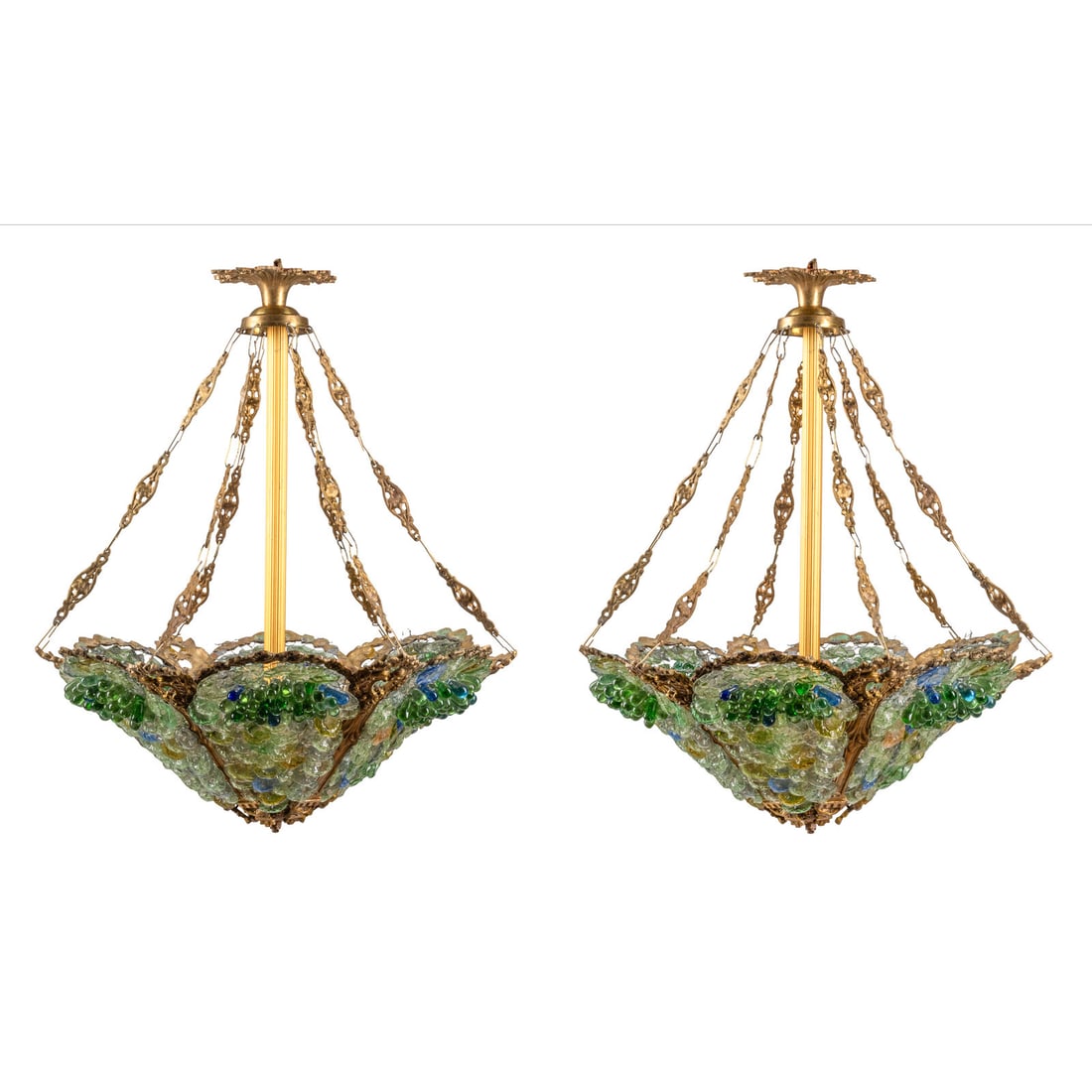 A Pair of Gilt Bronze and Colored Glass Hexagonal Chandeliers: A Pair of Gilt Bronze and Colored Glass Hexagonal Chandeliers 20th Century Height 27 x diameter 22 inches. This lot is located in Chicago.