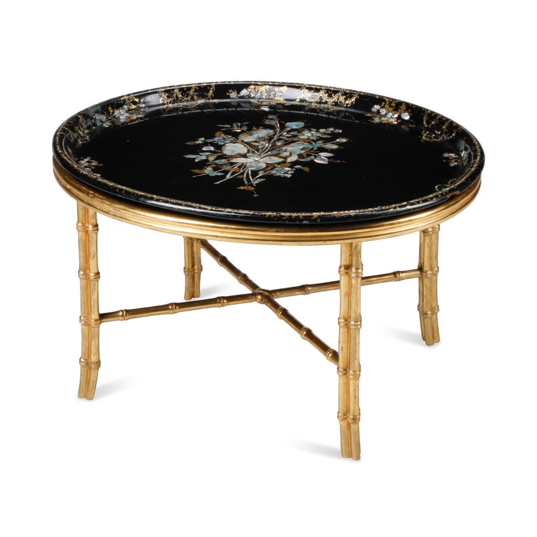 An English Papier Mâché Tray on a Giltwood Stand: An English Papier Mâché Tray on a Giltwood Stand 19th Century Height 17 1/2 x width 30 1/2 x depth 24 inches. This lot is located in Chicago.