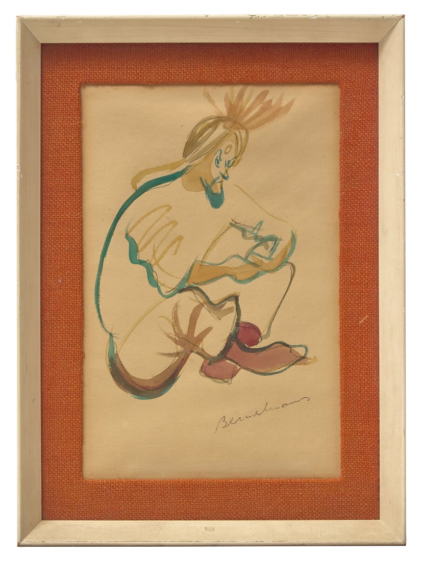 Ludwig Bemelmans (American/Austrian, 1898-1962) Untitled (Man Sitting Cross-Legged): Ludwig Bemelmans (American/Austrian, 1898-1962) Untitled (Man Sitting Cross-Legged) watercolor on paper signed Bemelmans (lower right) 14 x 10 3/4 inches. This lot is located in Philadelphia.