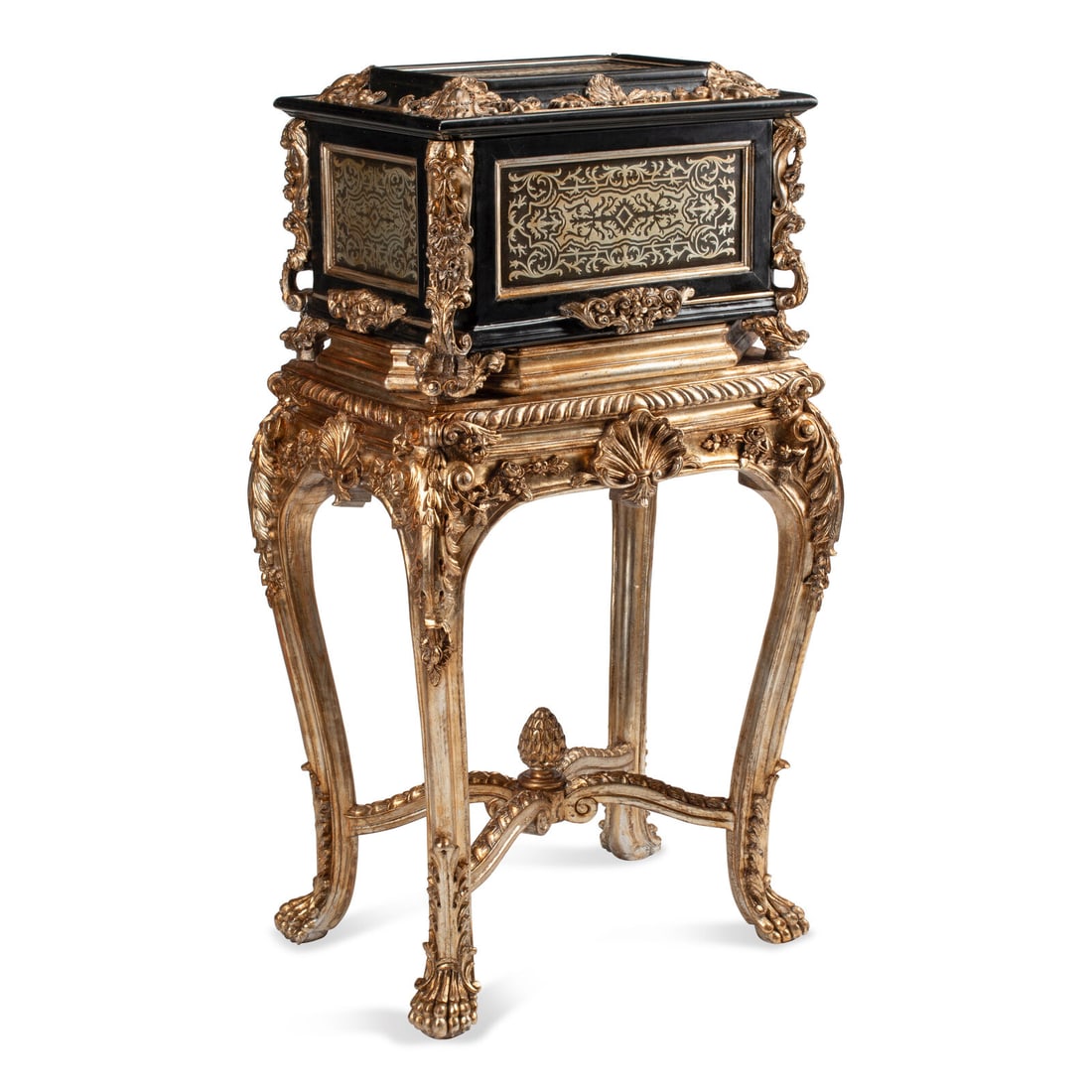 A French Metal-Inlaid Box on Silvered Wood Stand: A French Metal-Inlaid Box on Silvered Wood Stand 20th Century Height 47 x width 25 x depth 18 inches. This lot is located in Chicago.