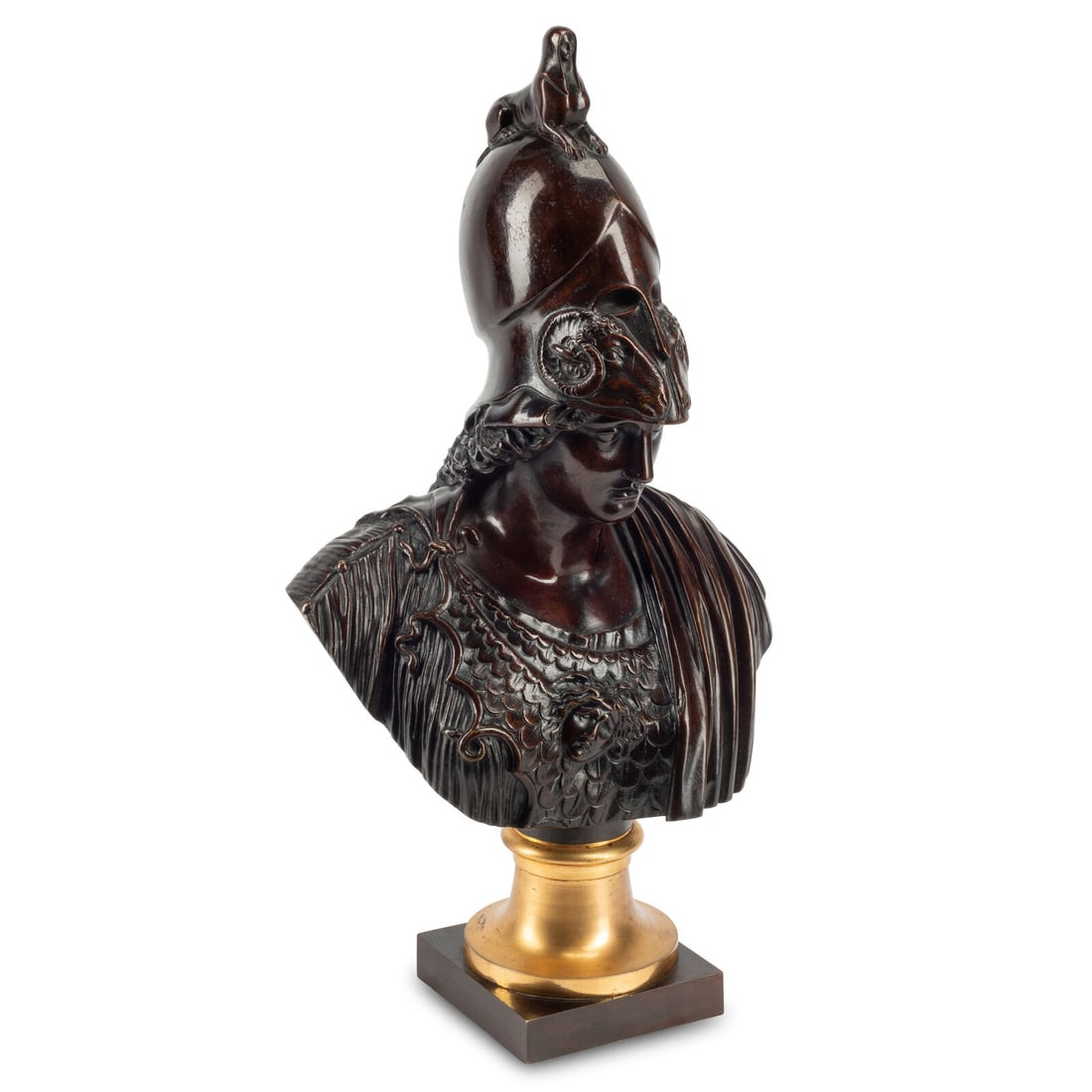 A Patinated Metal Head of the Athena Giustiniani: A Patinated Metal Head of the Athena Giustiniani After the Antique, 19th Century Height overall 20 x width 10 x depth 8 inches. This lot is located in Chicago.