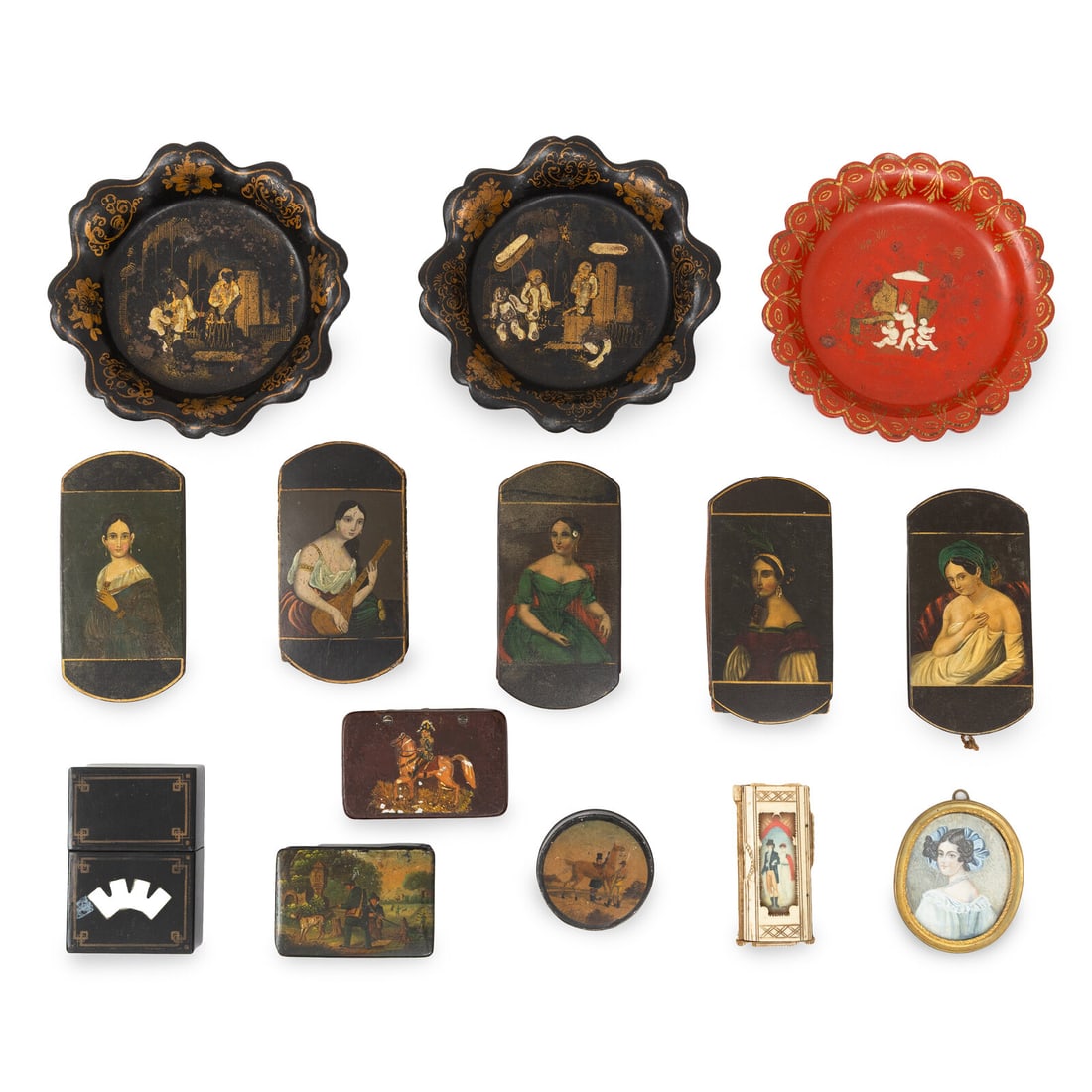 A Large Collection of English Papier-Mâché Articles: A Large Collection of English Papier-Mâché Articles 19th Century Comprising: 5 cigar cases decorated with portraits of ladies 3 chinoiserie vide-poche with scalloped edges A playing card