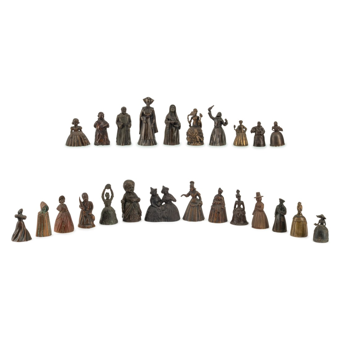 A Collection of Twenty-Four Bronze Figural Table Bells: A Collection of Twenty-Four Bronze Figural Table Bells Primarily 19th Century Height of tallest 6 inches. This lot is located in Chicago.