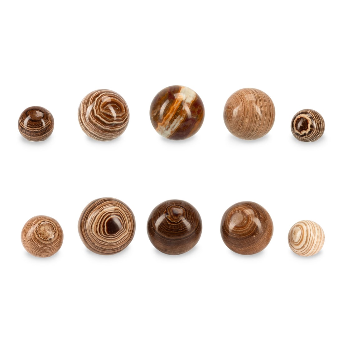 A Set of Ten Agate Spherical Ornaments: A Set of Ten Agate Spherical Ornaments 20th Century with acrylic bases. Diameter of largest 5 inches. This lot is located in Chicago.