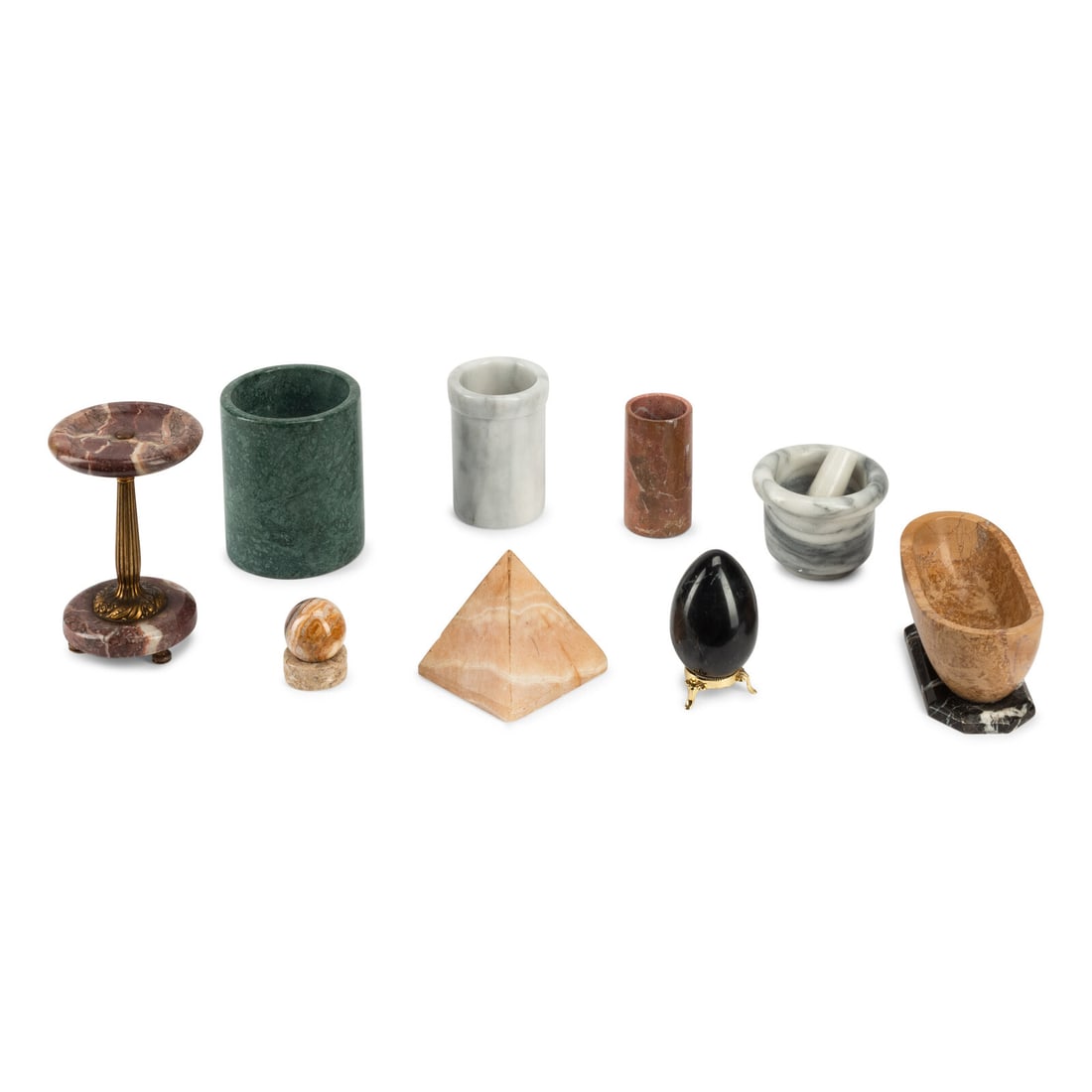 A Group of Nine Decorative Marble Table Articles: A Group of Nine Decorative Marble Table Articles 20th Century comprising three vases, a mortor and pestle, a tazza, an egg on stand, a sphere on stand, a pyramid, and a sarcophagus. Height of tallest