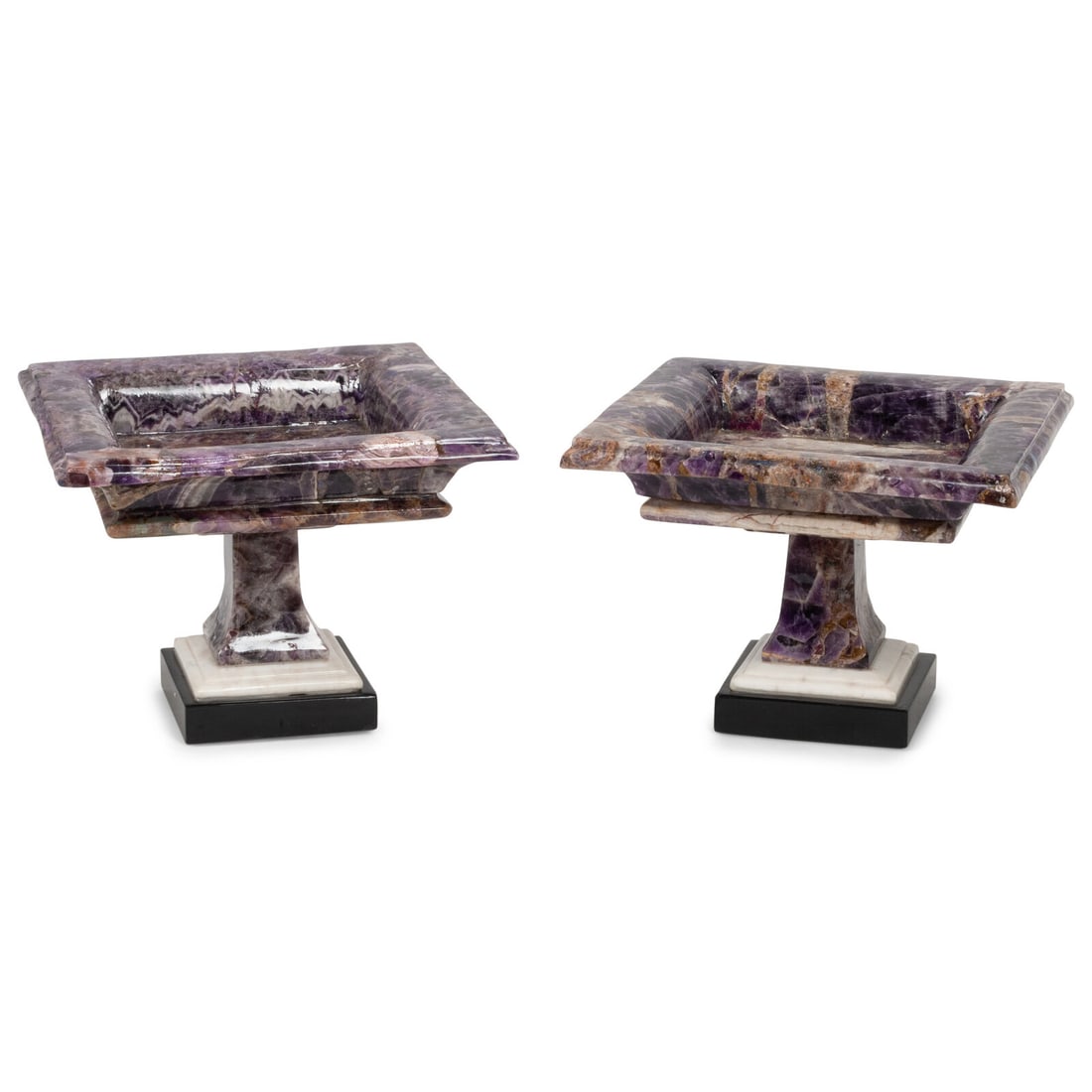 A Pair of Carved Amethyst Square Tazze: A Pair of Carved Amethyst Square Tazze 20th Century Height 8 3/4 x width 12 x depth 12 inches. This lot is located in Chicago.