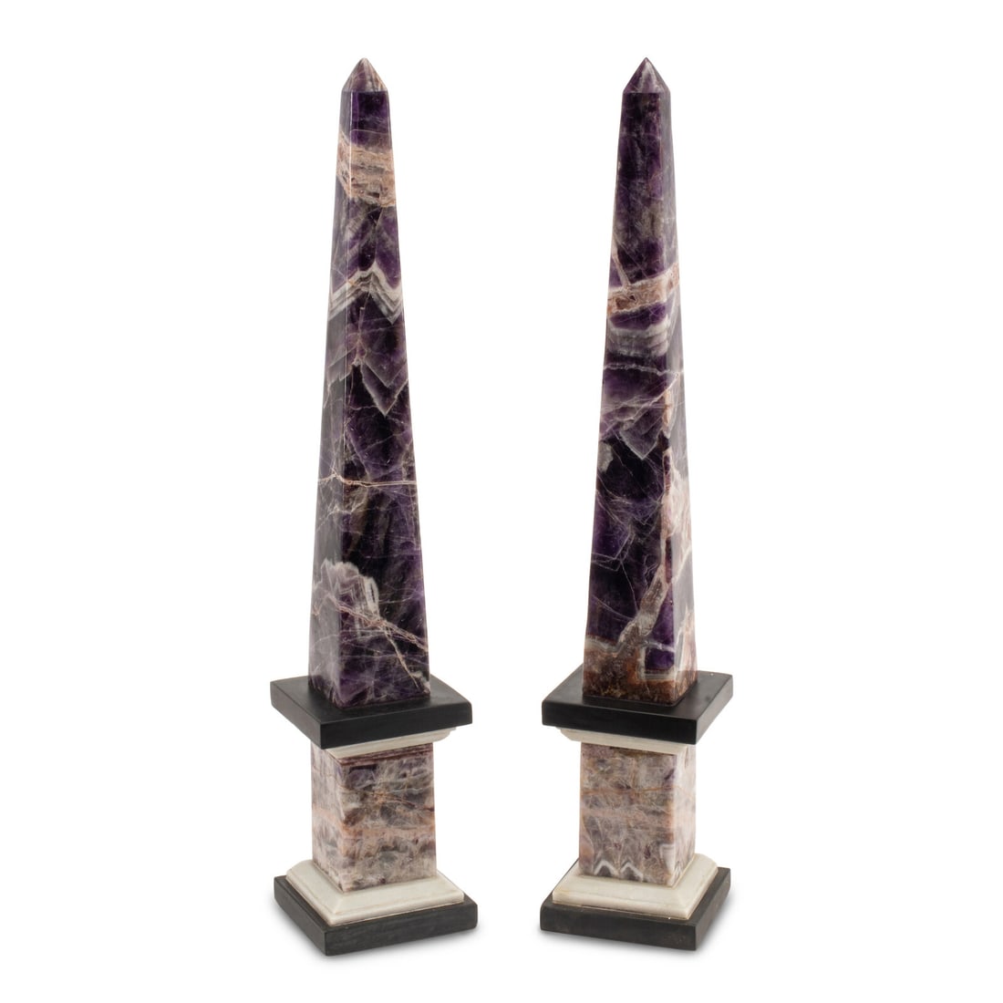 A Pair of Amethyst and Marble Obelisks: A Pair of Amethyst and Marble Obelisks 20th Century Height 26 inches. This lot is located in Chicago.