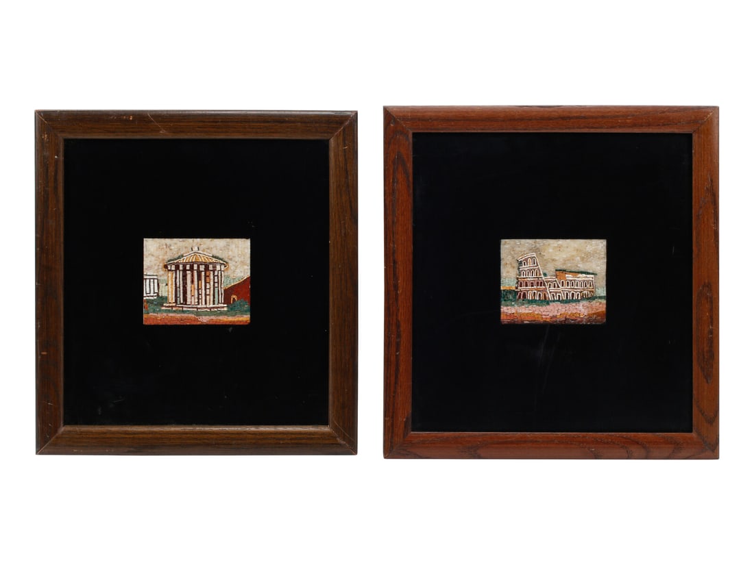A Pair of Italian Micromosaic Plaques: A Pair of Italian Micromosaic Plaques 20th Century depicting the Colosseum and the Temple of Vesta. Height 14 1/2 x width 13 1/2 inches This lot is located in Chicago.