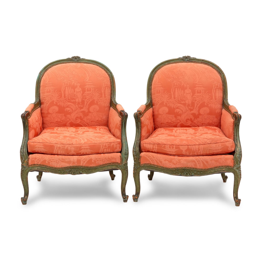 A Pair of Louis XV Green Painted Bergères: A Pair of Louis XV Green Painted Bergères Late 18th Century Height 42 x width 32 x depth 26 inches. This lot is located in Chicago.