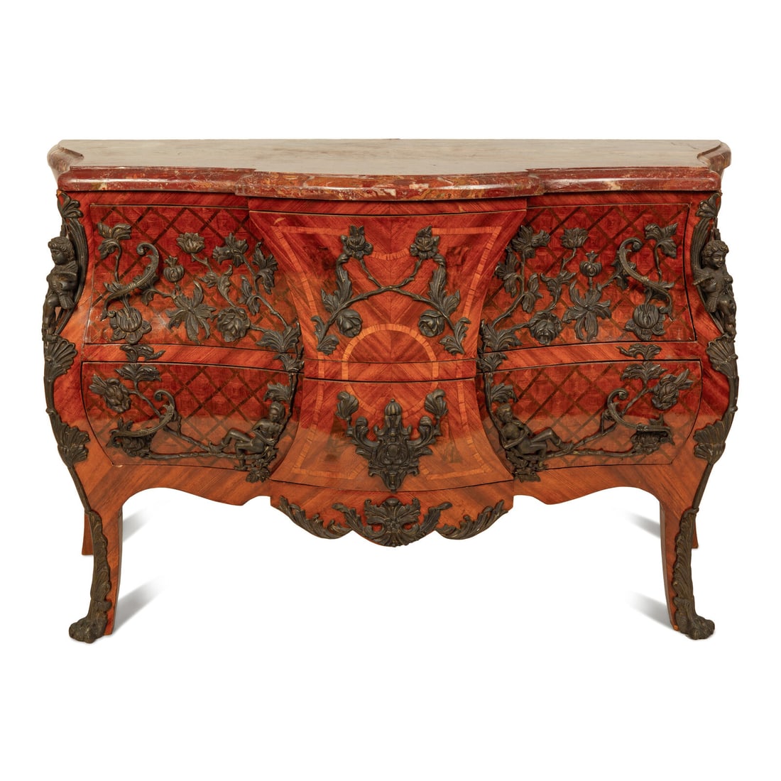 A Louis XV Style Parquetry Bombe Commode with Bronze Mounts and Marble Top (1 of 4)