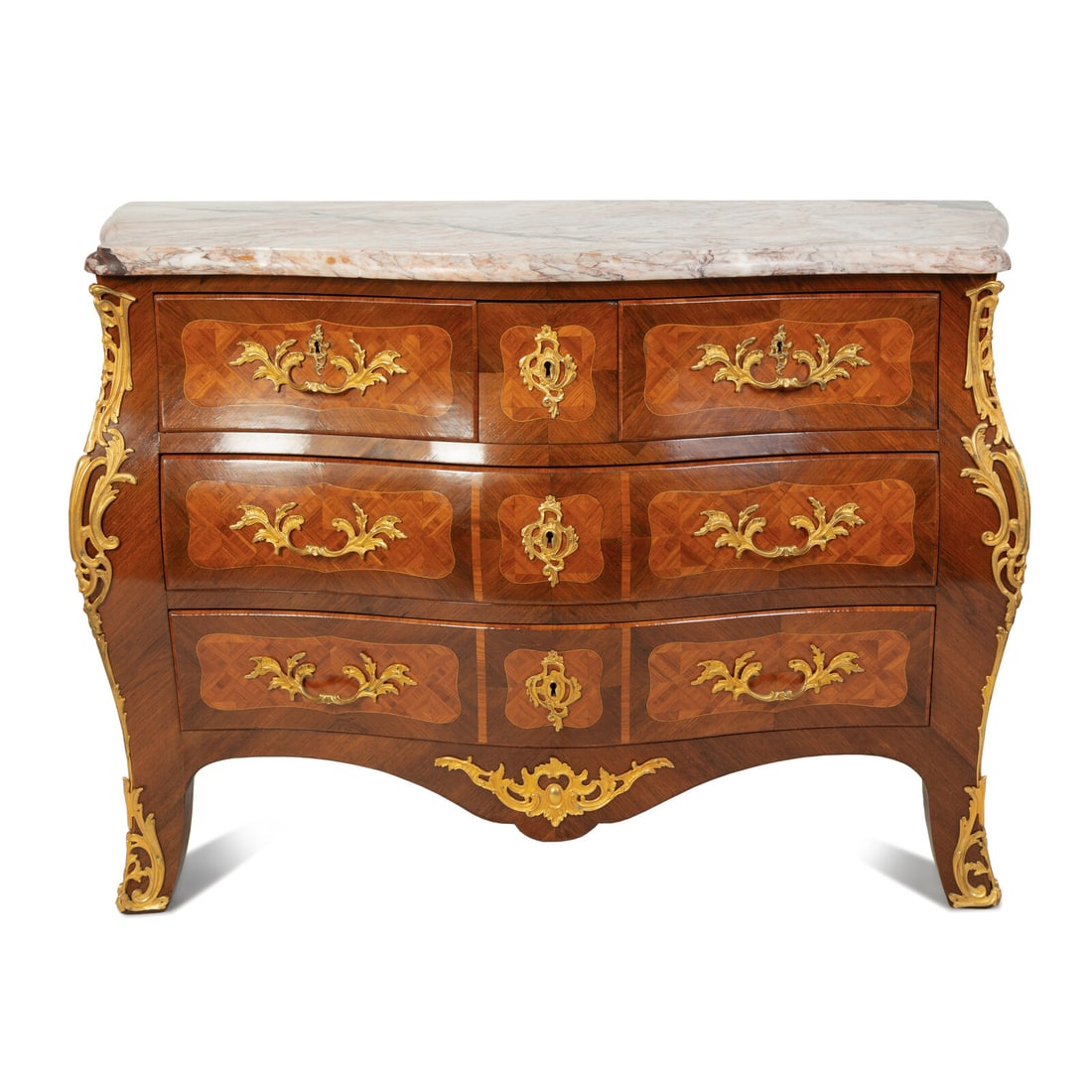 A Louis XV Style Kingwood Parquetry Marble Top Bombe Commode (1 of 3)
