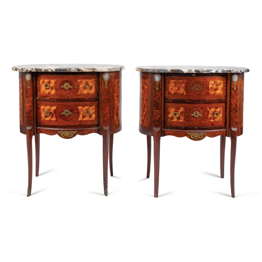 A Pair of Louis XV/XVI Transistional Style Parquetry Inlaid Marble Top Side Cabinets (1 of 6)