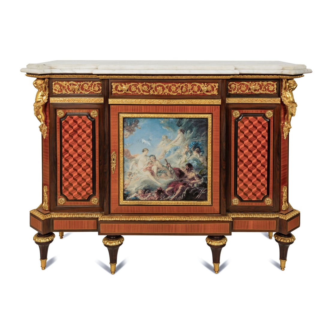 A Louis XVI Style Gilt Bronze and Porcelain Mounted Marble-Top Console Cabinet (1 of 3)