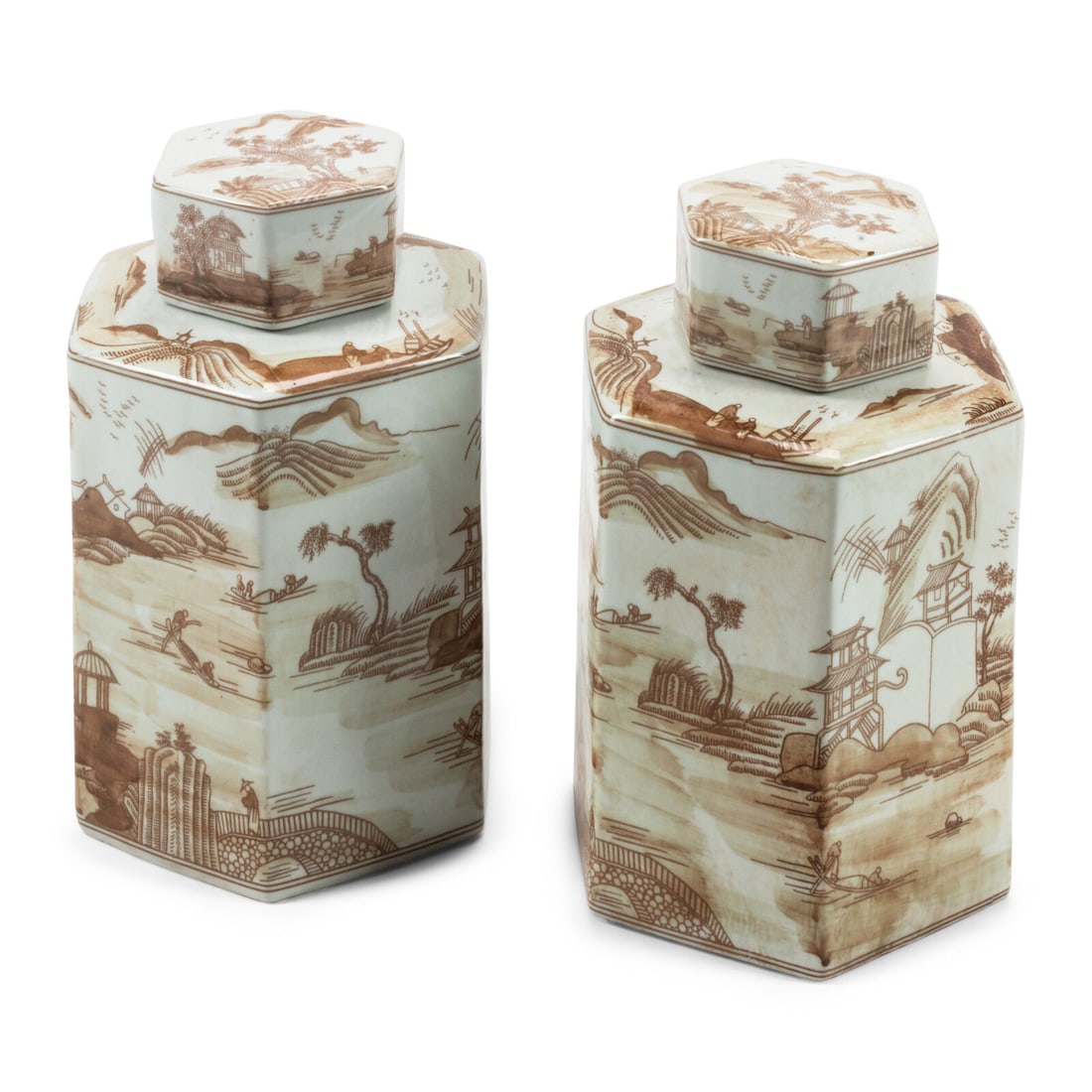 A Pair of Chinese Porcelain Hexagonal Tea Caddies: A Pair of Chinese Porcelain Hexagonal Tea Caddies 20th Century Height 16 1/2 x diameter 10 inches. This lot is located in Chicago.