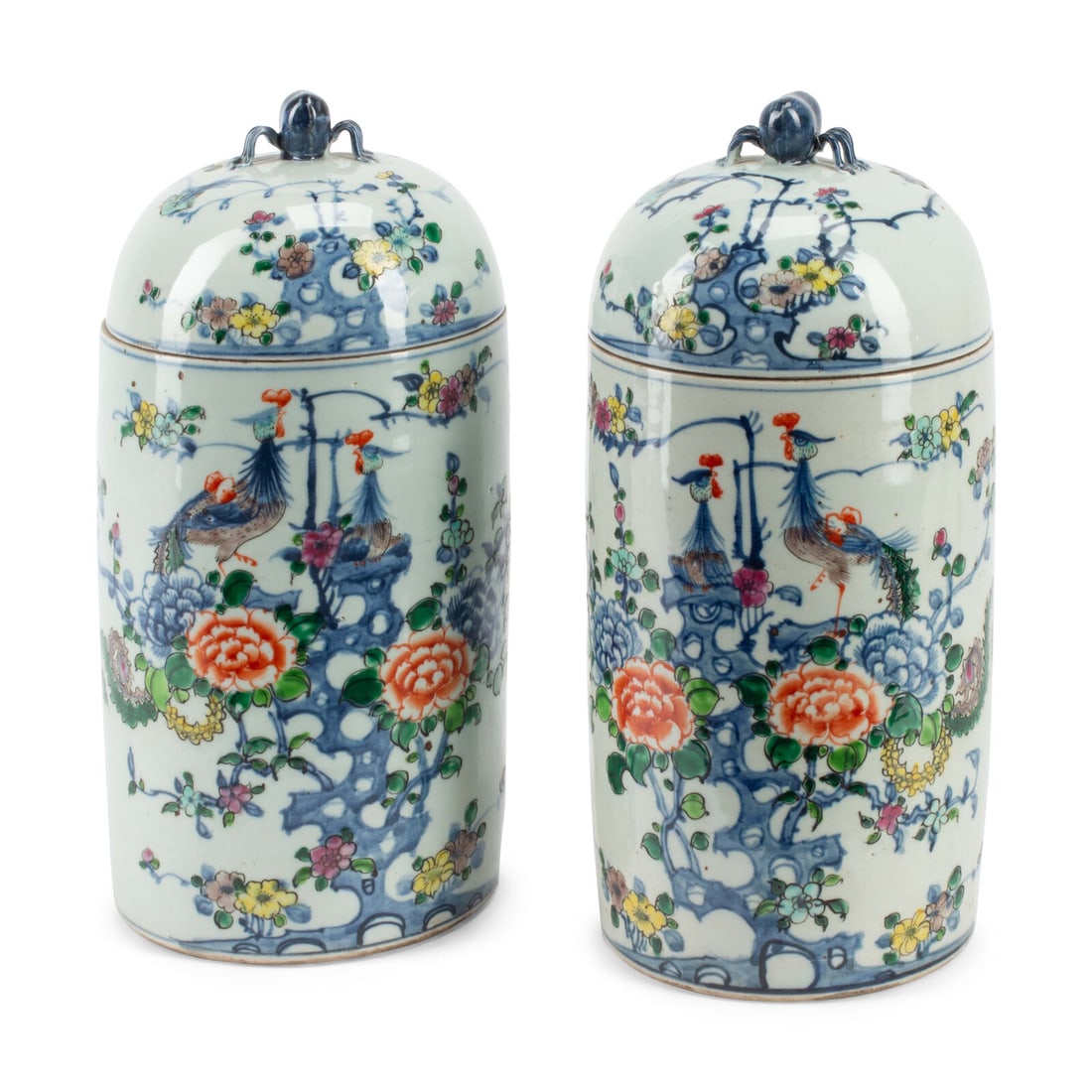 A Pair of Chinese Porcelain Cylindrical Lidded Jars: A Pair of Chinese Porcelain Cylindrical Lidded Jars 20th Century Height 13 1/2 x diameter 6 1/2 inches. This lot is located in Chicago.