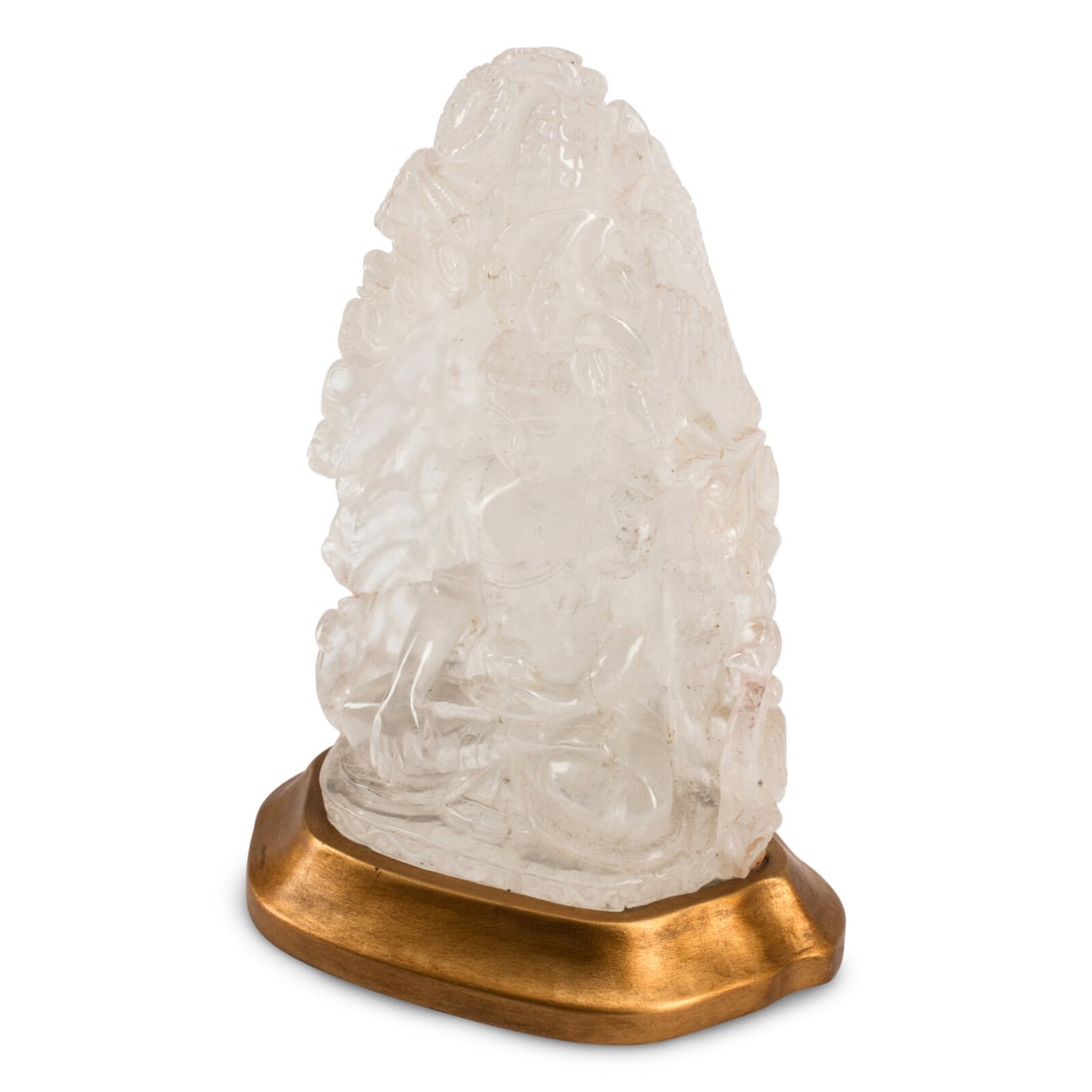 A Carved Rock Crystal Seated Buddha: A Carved Rock Crystal Seated Buddha 20th Century together with a stand Height overall 12 1/2 x width 9 x depth 6 inches. This lot is located in Chicago.