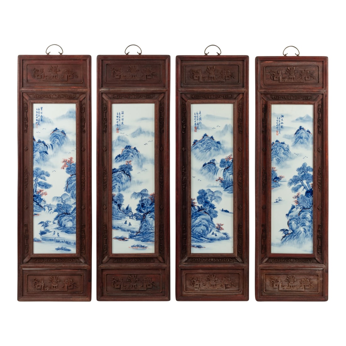 A Set of Four Framed Chinese Porcelain Plaques: A Set of Four Framed Chinese Porcelain Plaques 20th Century Height 47 1/2 x width 14 1/2 inches. This lot is located in Chicago.