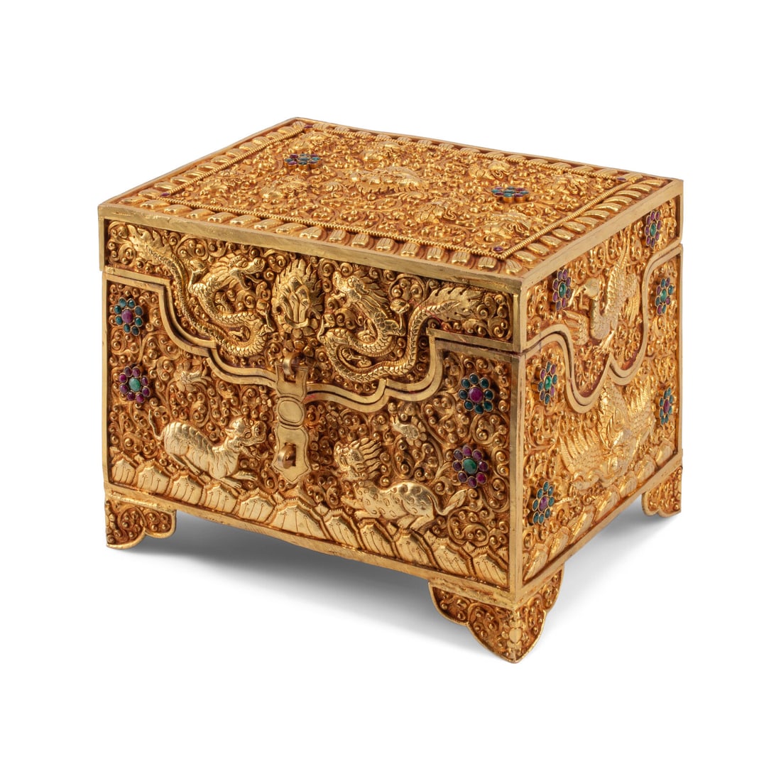 A Tibetan Style Gilt Metal, Emerald and Ruby Mounted Table Casket (1 of 2)