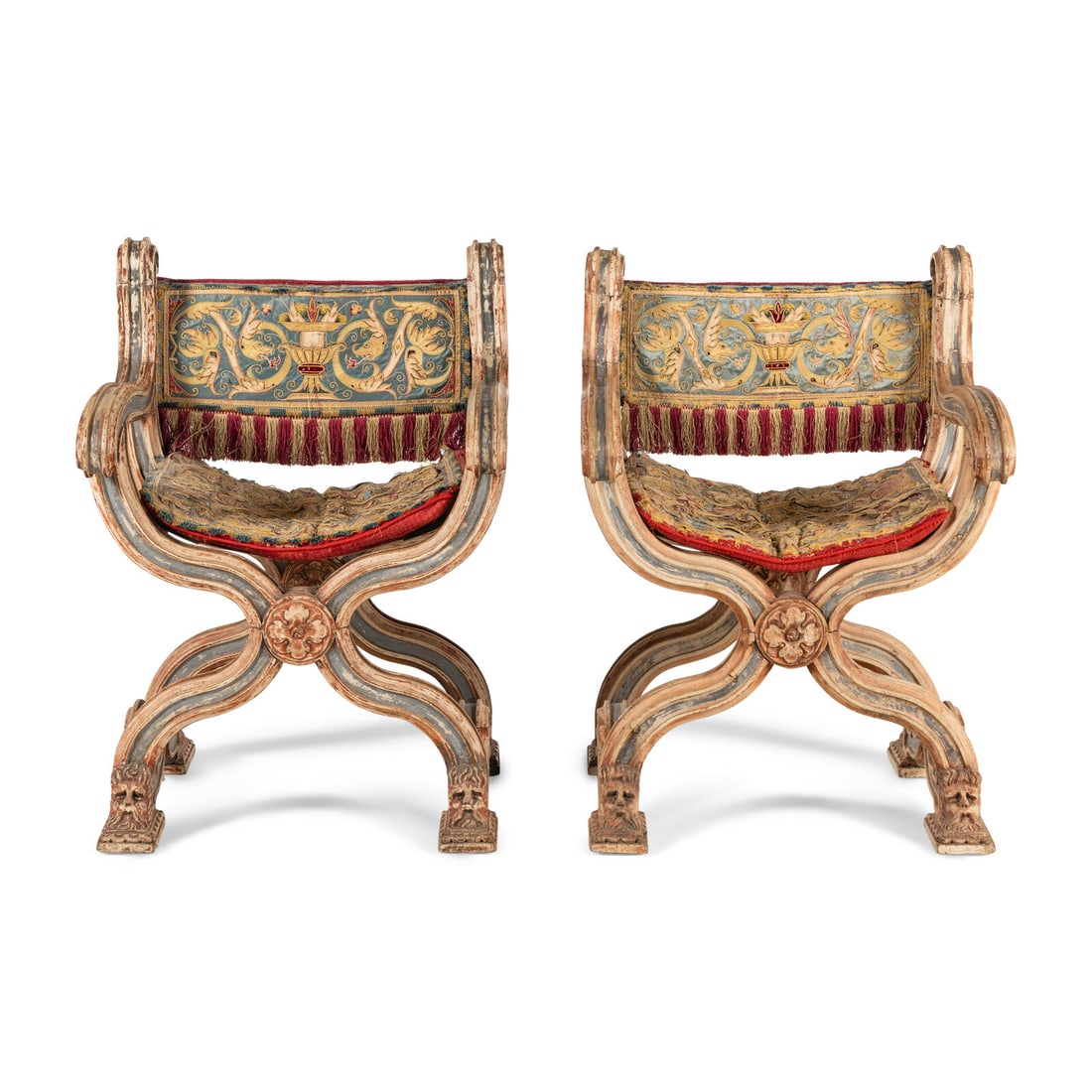 A Pair of Venetian Painted Savonarola Armchairs: A Pair of Venetian Painted Savonarola Armchairs 20th Century, Incorporating Earlier Elements the needlework upholstery dating to the 17th/ 18th century. Height 37 1/2 x width 27 x depth 22 inches. Pro