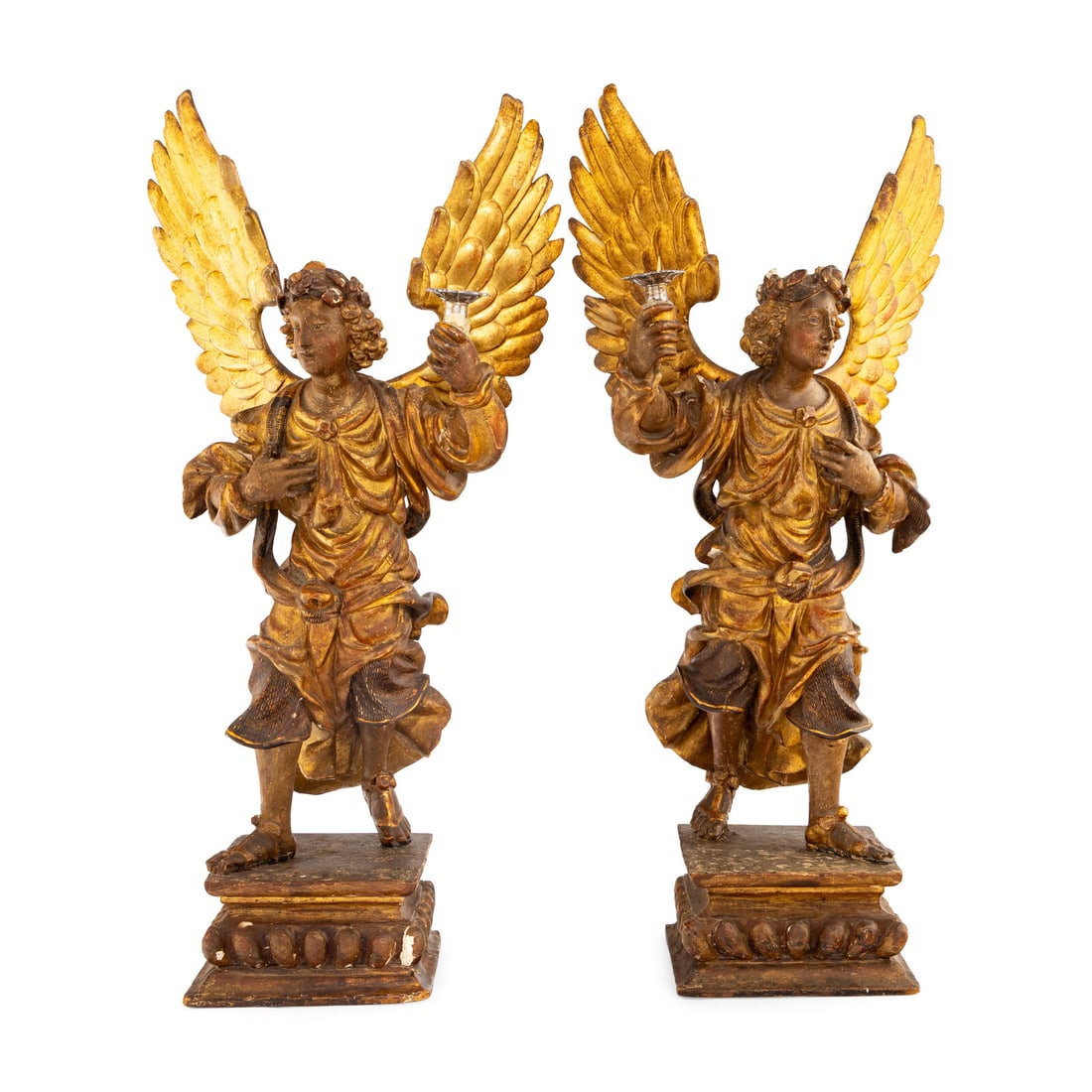 A Pair of Italian Painted and Parcel Gilt Figural Altar Prickets: A Pair of Italian Painted and Parcel Gilt Figural Altar Prickets 19th Century Height 40 x width 20 x depth 12 inches. Property from Strawberry Hill: The Collection of Ada and Barrie Regan,