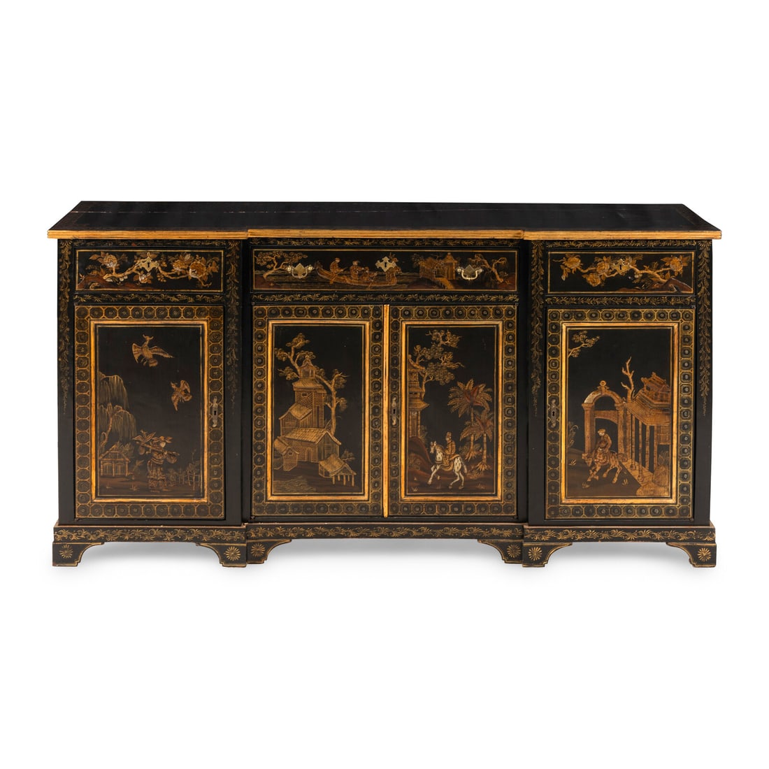 A Regency Style Black and Gilt-Japanned Console Cabinet: A Regency Style Black and Gilt-Japanned Console Cabinet Late 19th Century Height 41 x width 80 x depth 20 1/2 inches. Property from Strawberry Hill: The Collection of Ada and Barrie Regan, Hillsboroug