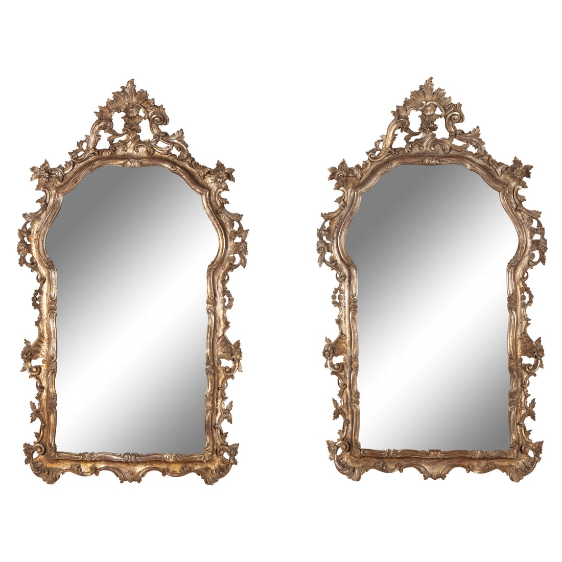 A Pair of Italian Baroque Style Silvered Wood Mirrors: A Pair of Italian Baroque Style Silvered Wood Mirrors 20th Century Height 84 x width 48 inches. Property from Strawberry Hill: The Collection of Ada and Barrie Regan, Hillsborough, California This