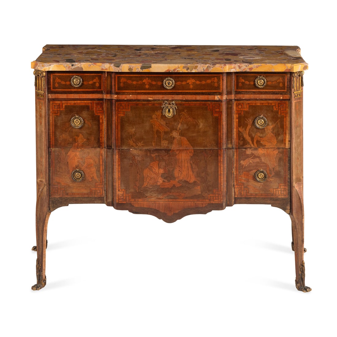 A Louis XV/XVI Transitional Style Gilt Bronze Mounted Marquetry and Marble-Top Commode: A Louis XV/XVI Transitional Style Gilt Bronze Mounted Marquetry and Marble-Top Commode Late 19th/Early 20th Century, Retailed by B. Altman and Co., New York Height 35 x width 42 1/4 x depth 19 1/2