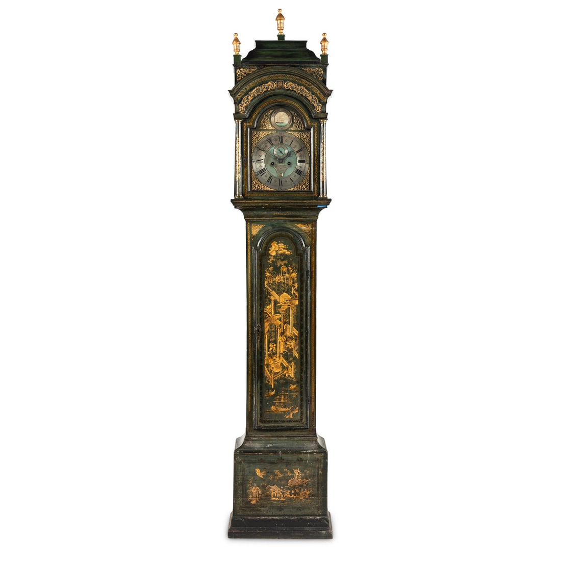 A George III Green and Gilt-Japanned Longcase Clock: A George III Green and Gilt-Japanned Longcase Clock William Pridham, London, Late 18th Century Height 104 x width 21 x depth 11 inches. Property from Strawberry Hill: The Collection of Ada and Barrie