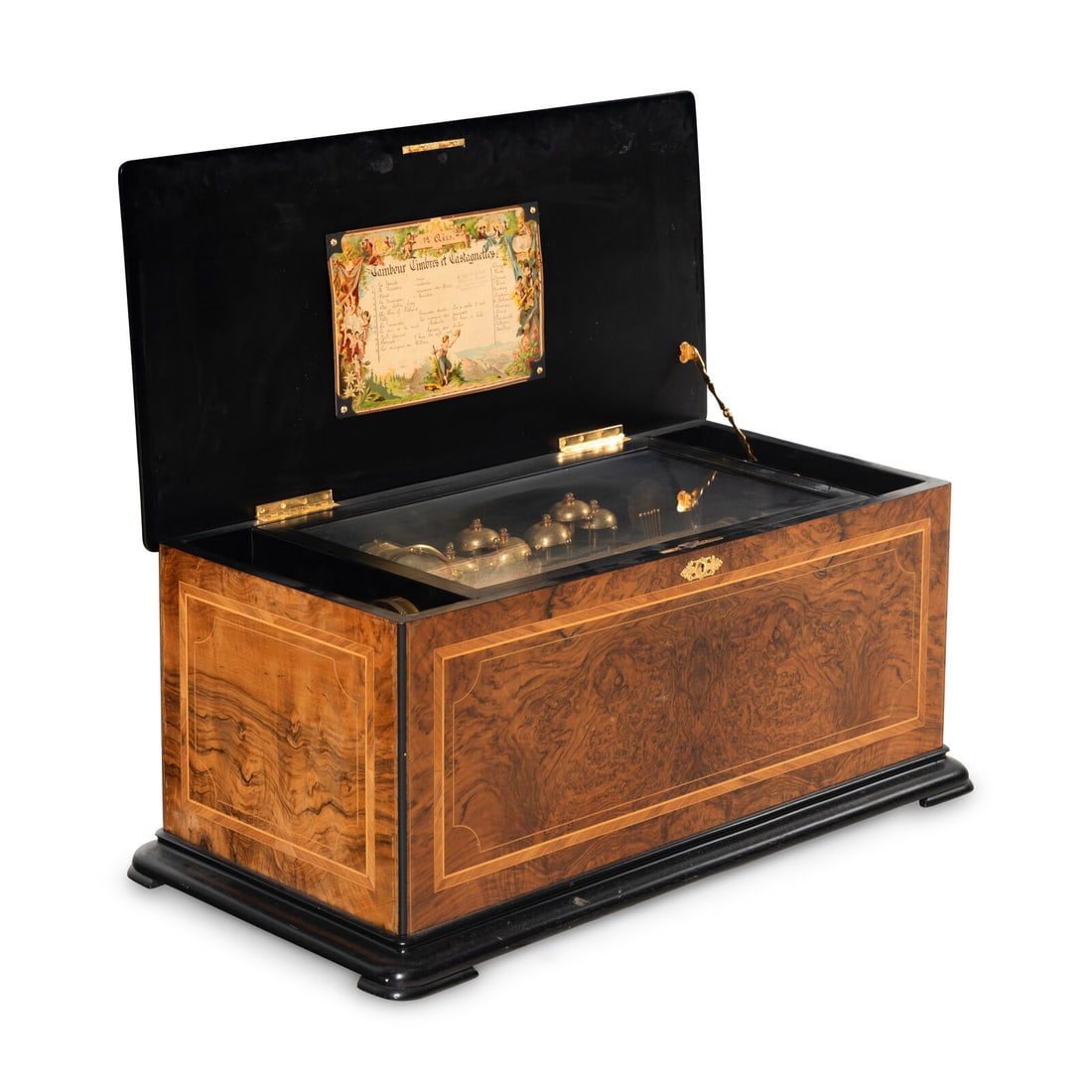 A Swiss "Bells in Sight" Cylinder Music Box: A Swiss "Bells in Sight" Cylinder Music Box Mid-19th Century playing twelve airs on a 15-inch cylinder. Height 14 3/4 x width 33 x depth 16 inches. Property from Strawberry Hill: The Collection of
