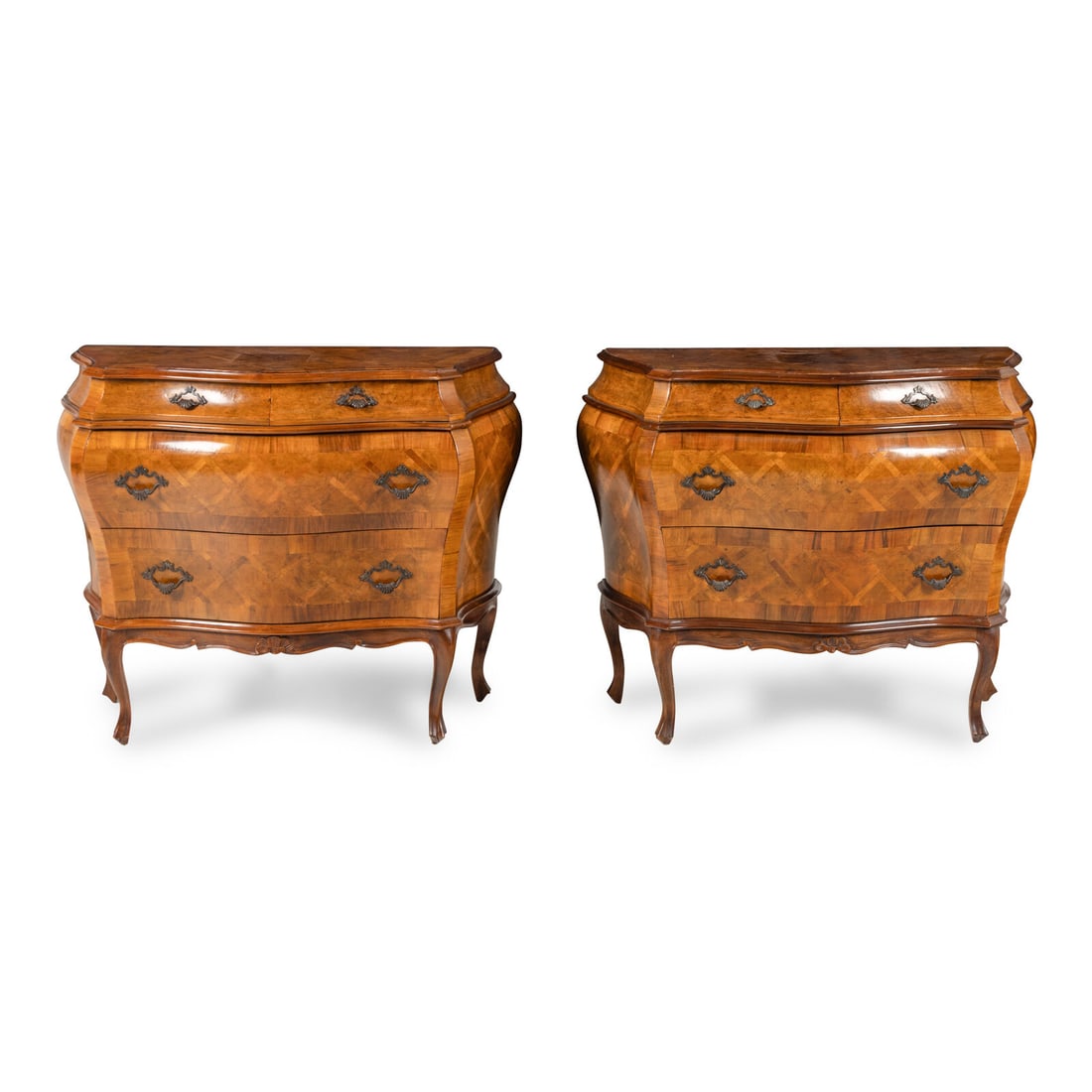 A Pair of Italian Parquetry BombÈ Commodes: A Pair of Italian Parquetry BombÈ Commodes 20th Century Height 31 1/2 x width 39 1/2 x depth 20 inches. Property from Strawberry Hill: The Collection of Ada and Barrie Regan, Hillsborough,