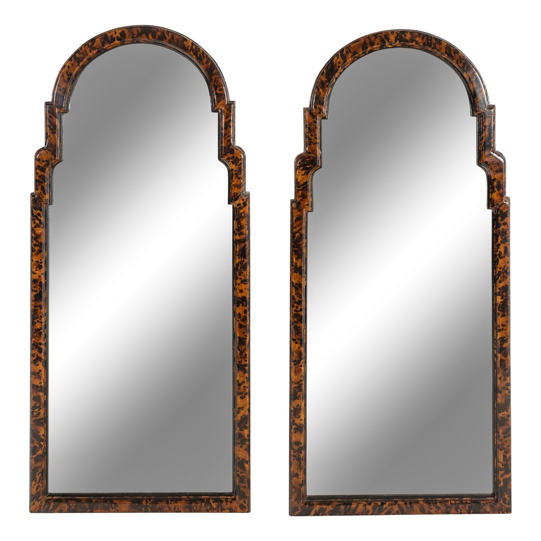 A Pair of Queen Anne Style Faux Tortoise Shell Pier Mirrors: A Pair of Queen Anne Style Faux Tortoise Shell Pier Mirrors 20th Century Height 46 x width 21 1/4 inches. Property from Strawberry Hill: The Collection of Ada and Barrie Regan, Hillsborough,