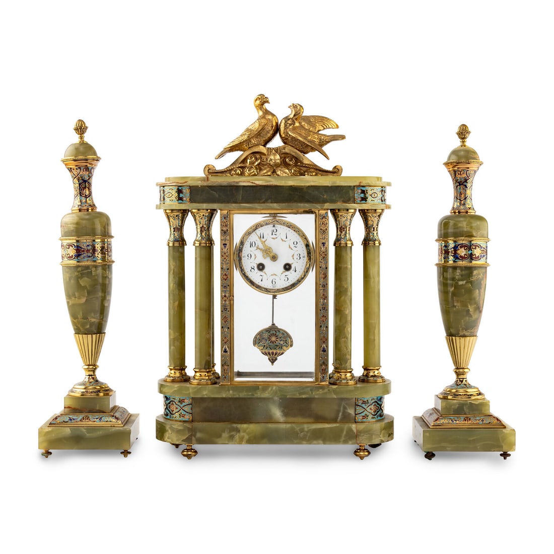 A French Green Onyx, Gilt-Metal and ChamplevÈ Three-Piece Clock Garniture (1 of 12)