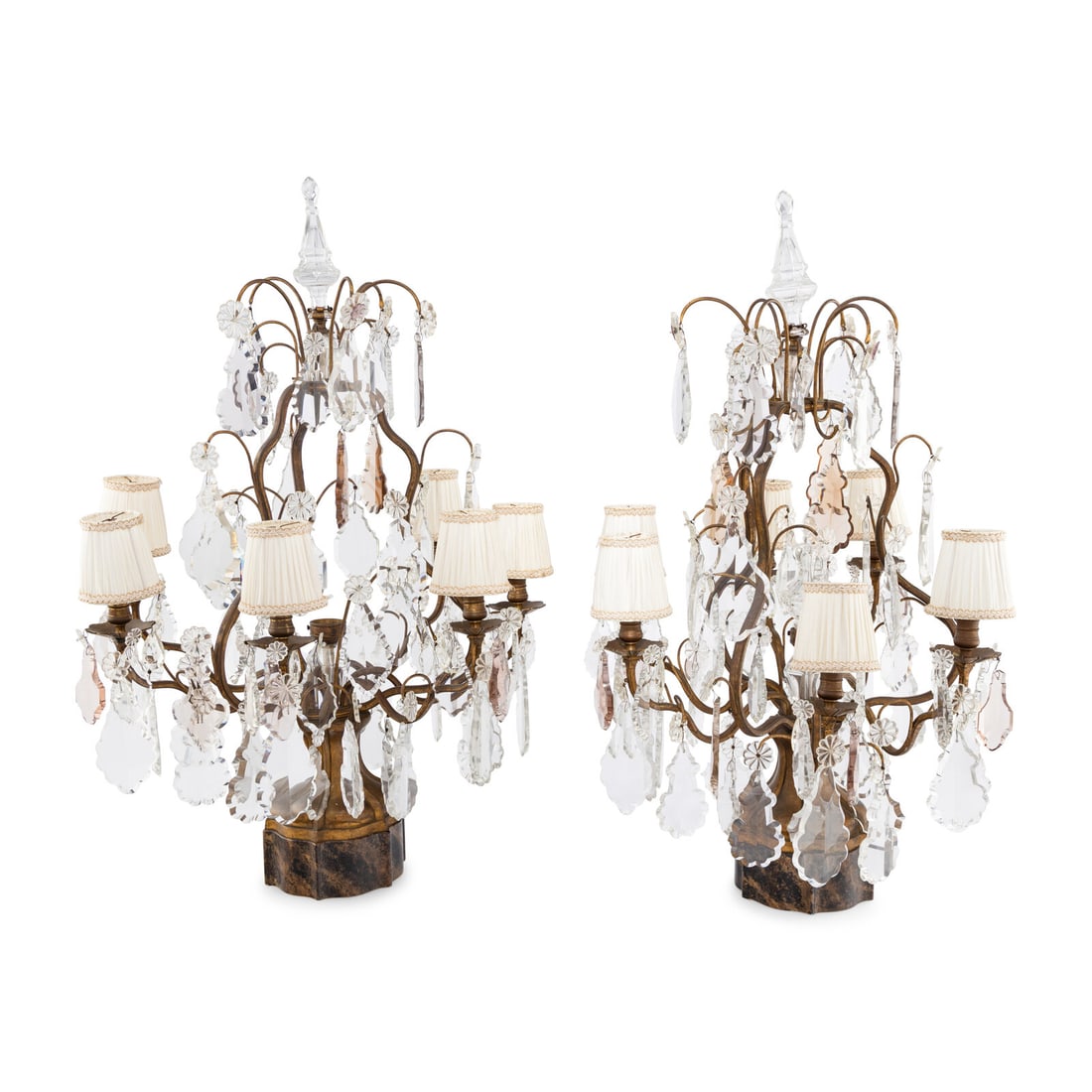 A Pair of French Gilt Metal and Cut Glass Six-Light Girandole Lamps: A Pair of French Gilt Metal and Cut Glass Six-Light Girandole Lamps 20th Century Height 37 1/2 x diameter 25 inches. Property from Strawberry Hill: The Collection of Ada and Barrie Regan,