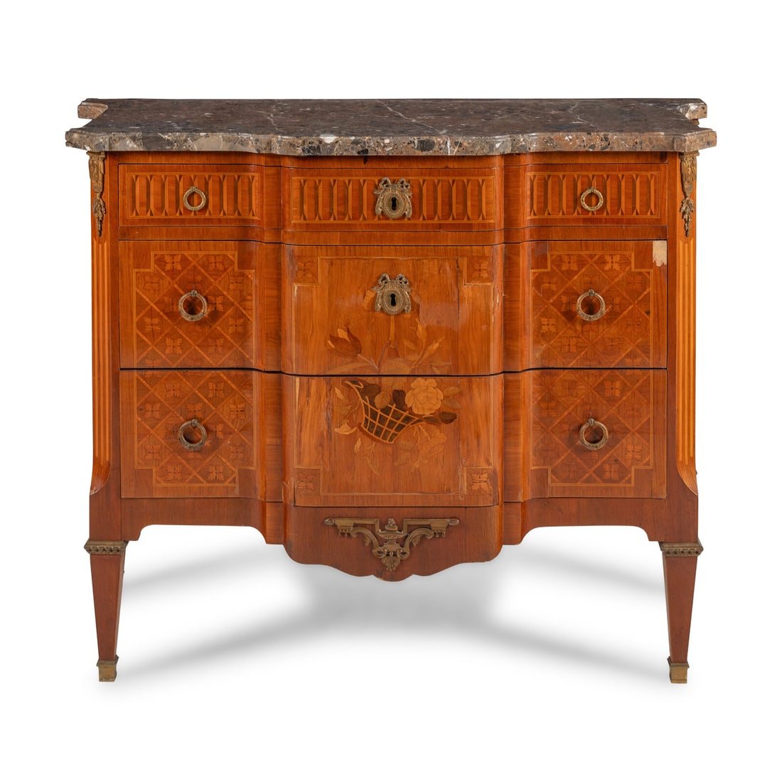 A Louis XVI Style Marquetry and Gilt Metal Mounted Marble-Top Commode: A Louis XVI Style Marquetry and Gilt Metal Mounted Marble-Top Commode By E. Kahn et Cie., Paris, Early 20th Century Height 36 1/2 x width 45 x depth 19 1/2 inches. Property from Strawberry Hill: The