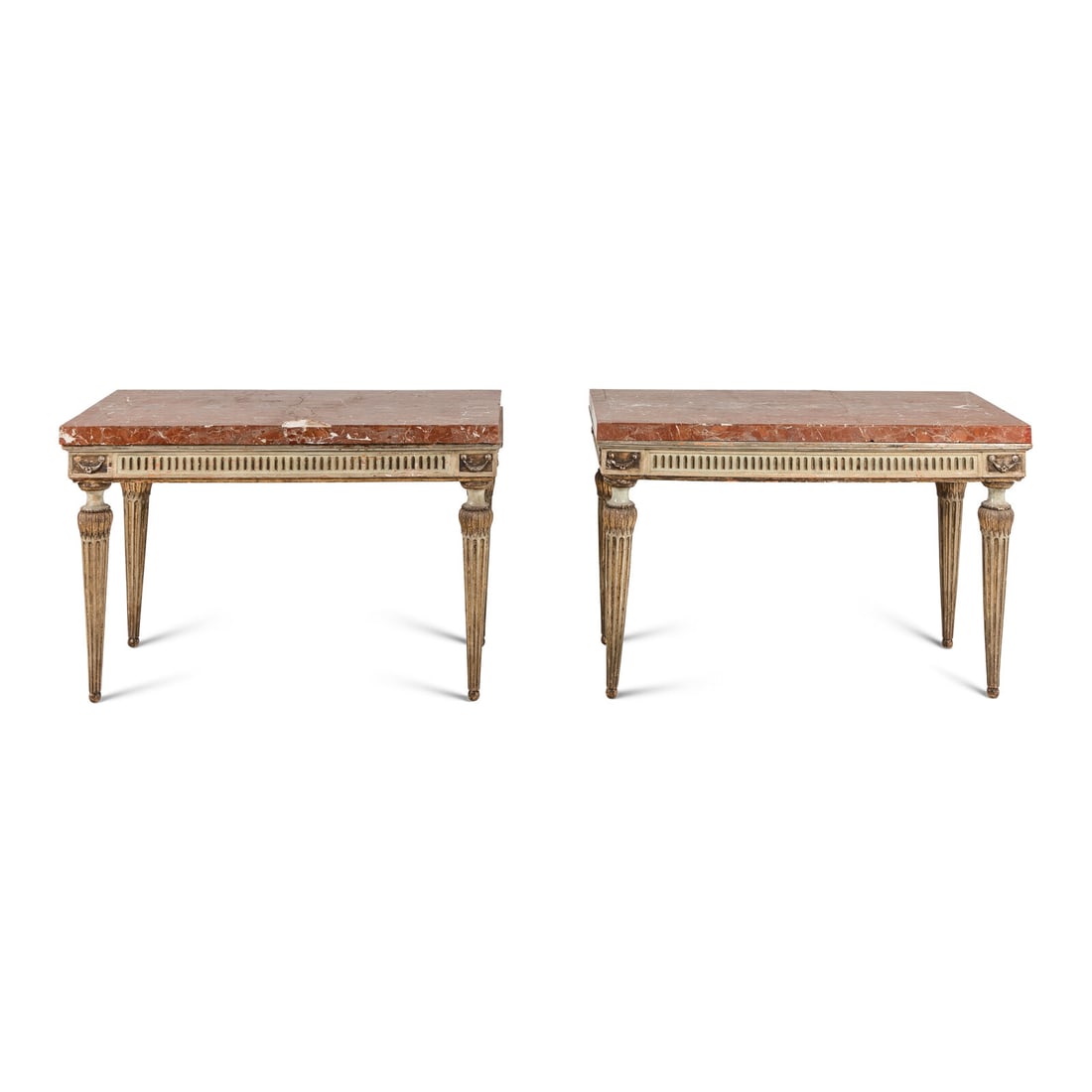 A Pair of Italian Neoclassical Painted and Parcel Gilt Marble-Top Console Tables (1 of 10)