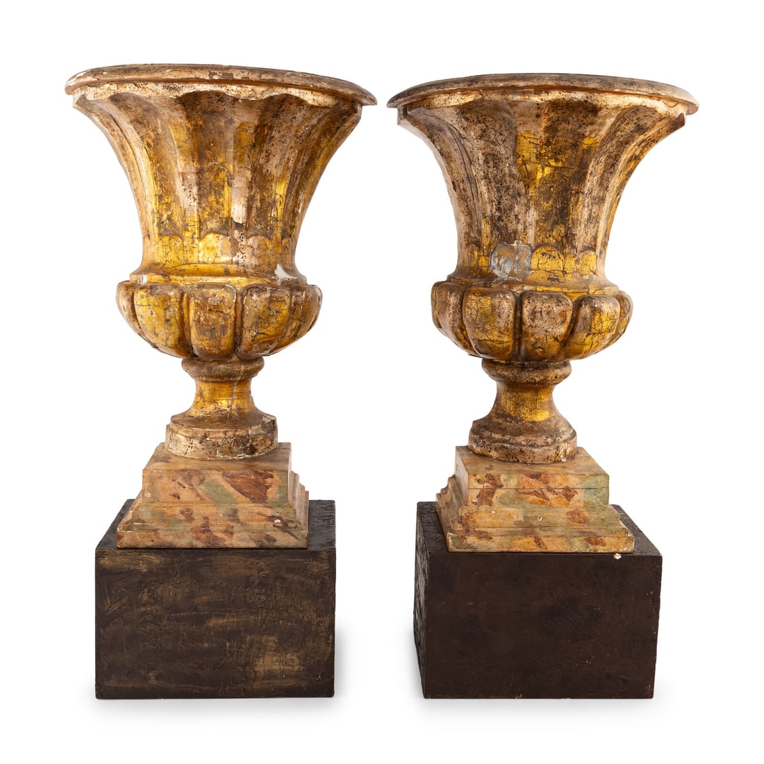 A Pair of Italian Giltwood Flat-Back Urns: A Pair of Italian Giltwood Flat-Back Urns First Half 20th Century each on a later painted base. Height overall 37 1/2 x width 19 1/2 x depth 10 inches. Property from Strawberry Hill: The Collection