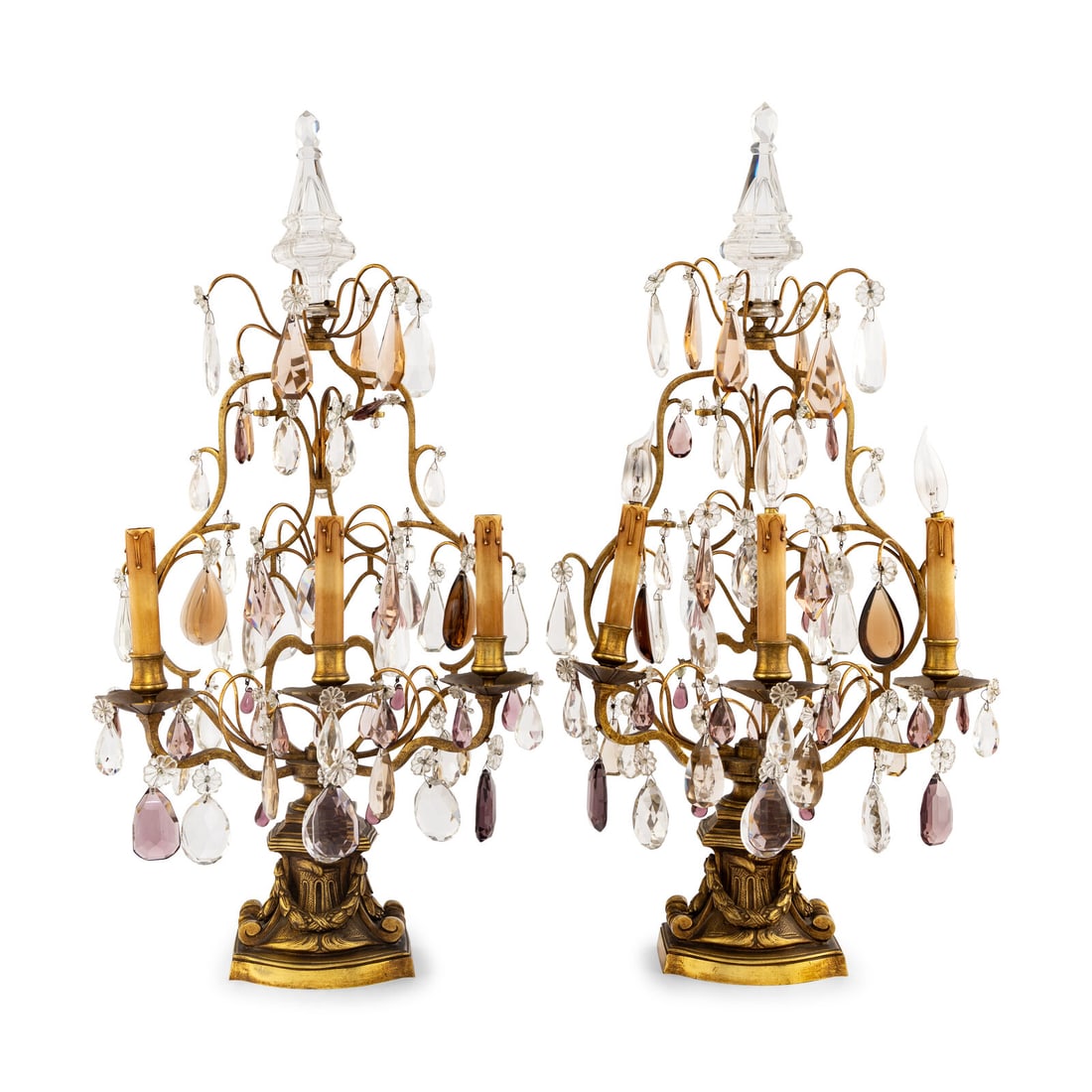 A Pair of French Gilt Metal and Cut Glass Three-Light Girandoles: A Pair of French Gilt Metal and Cut Glass Three-Light Girandoles 20th Century Height 30 x width 14 1/2 x depth 13 inches. Property from Strawberry Hill: The Collection of Ada and Barrie Regan,