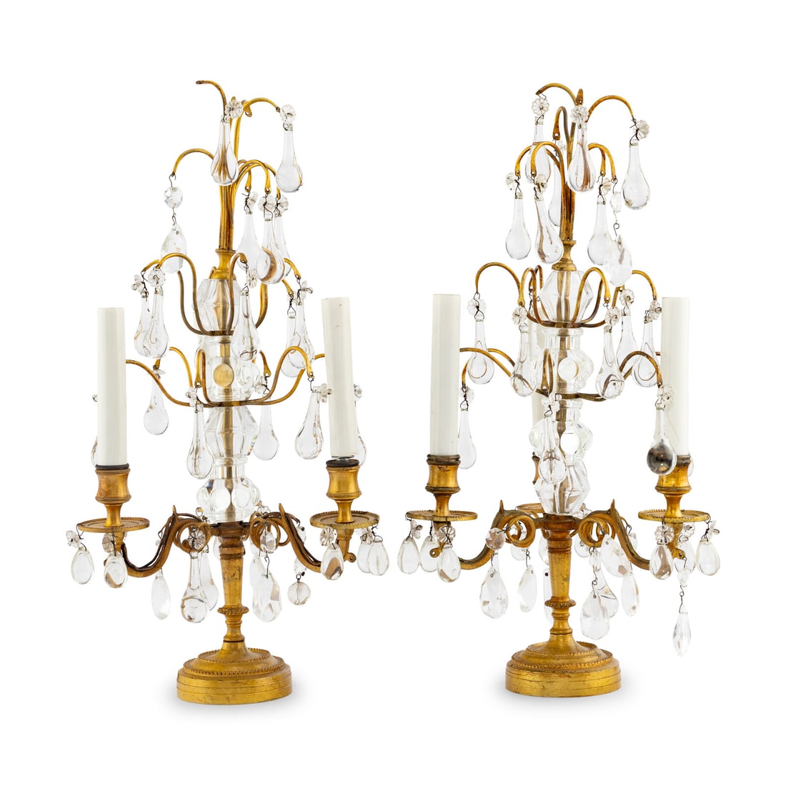 A Pair of French Gilt Metal and Cut-Glass Girandoles: A Pair of French Gilt Metal and Cut-Glass Girandoles 20th Century Height 18 x width 9 inches. Property from Strawberry Hill: The Collection of Ada and Barrie Regan, Hillsborough, California This lot