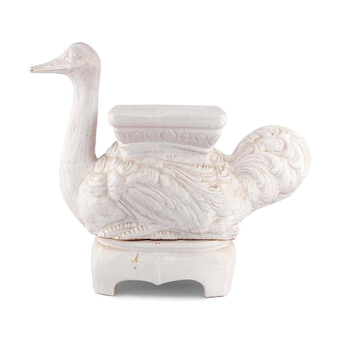 A White-Glazed Earthenware Ostrich-Form Stool: A White-Glazed Earthenware Ostrich-Form Stool 20th Century Height 26 x width 12 x depth 30 inches. Property from Strawberry Hill: The Collection of Ada and Barrie Regan, Hillsborough, California This