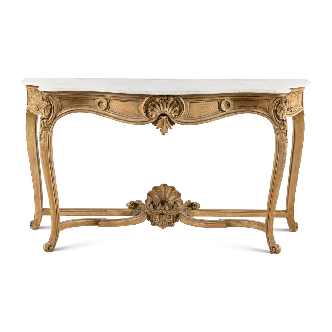 A Louis XV Style Painted Marble-Top Console Table: A Louis XV Style Painted Marble-Top Console Table 20th Century Height 37 x width 66 x depth 21 inches. Property from Strawberry Hill: The Collection of Ada and Barrie Regan, Hillsborough, California