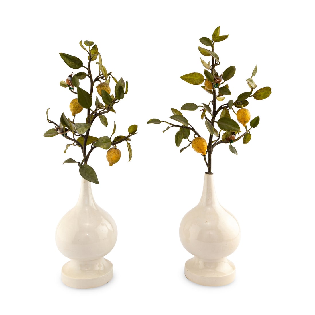A Pair of White Glazed Earthenware Vases with Painted TÙle Models of Lemon Branches: A Pair of White Glazed Earthenware Vases with Painted TÙle Models of Lemon Branches 20th Century Height 38 inches. Property from Strawberry Hill: The Collection of Ada and Barrie Regan,