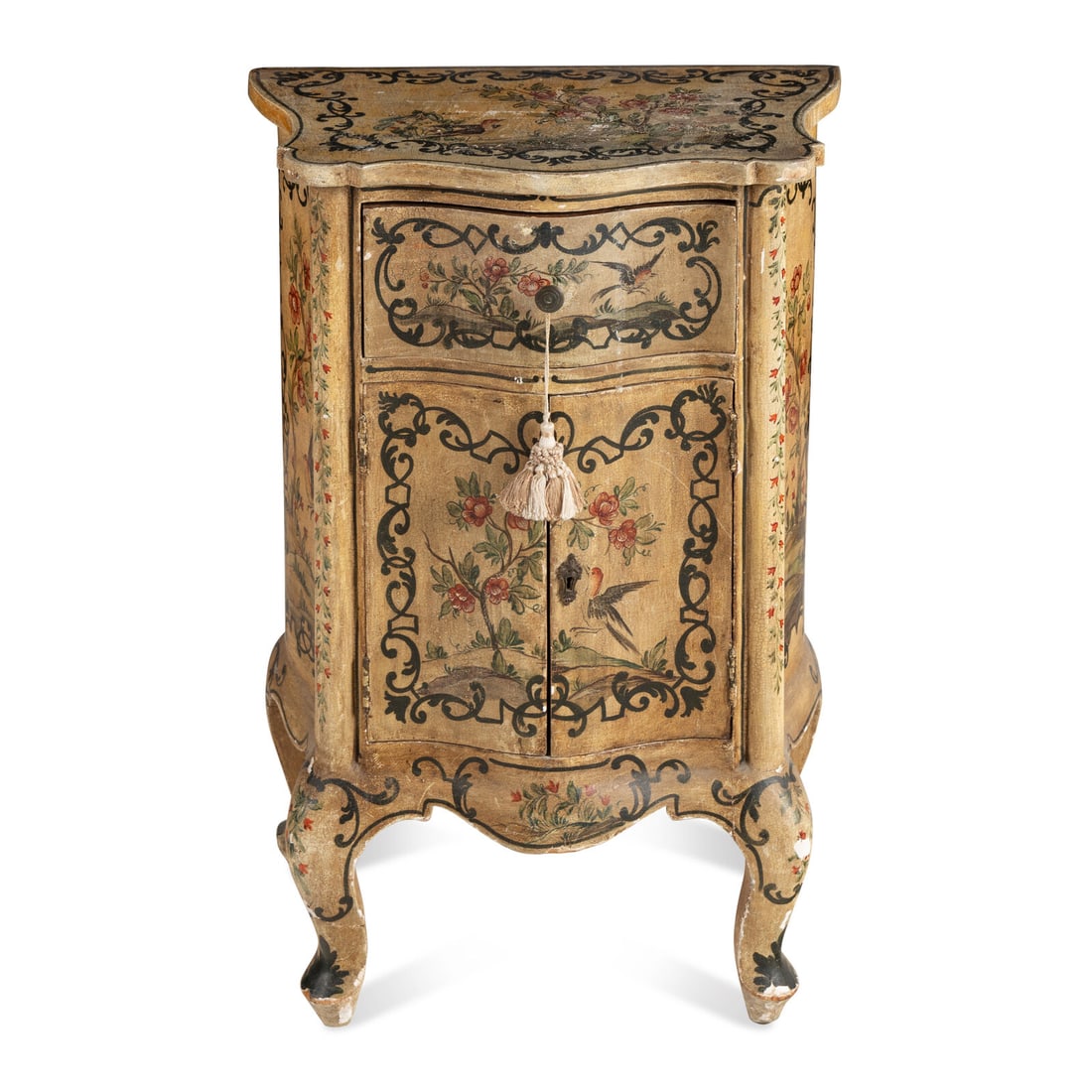 An Italian Polychrome Painted Commodino: An Italian Polychrome Painted Commodino 20th Century Height 32 x width 22 x depth 13 1/2 inches. Property from Strawberry Hill: The Collection of Ada and Barrie Regan, Hillsborough, California This