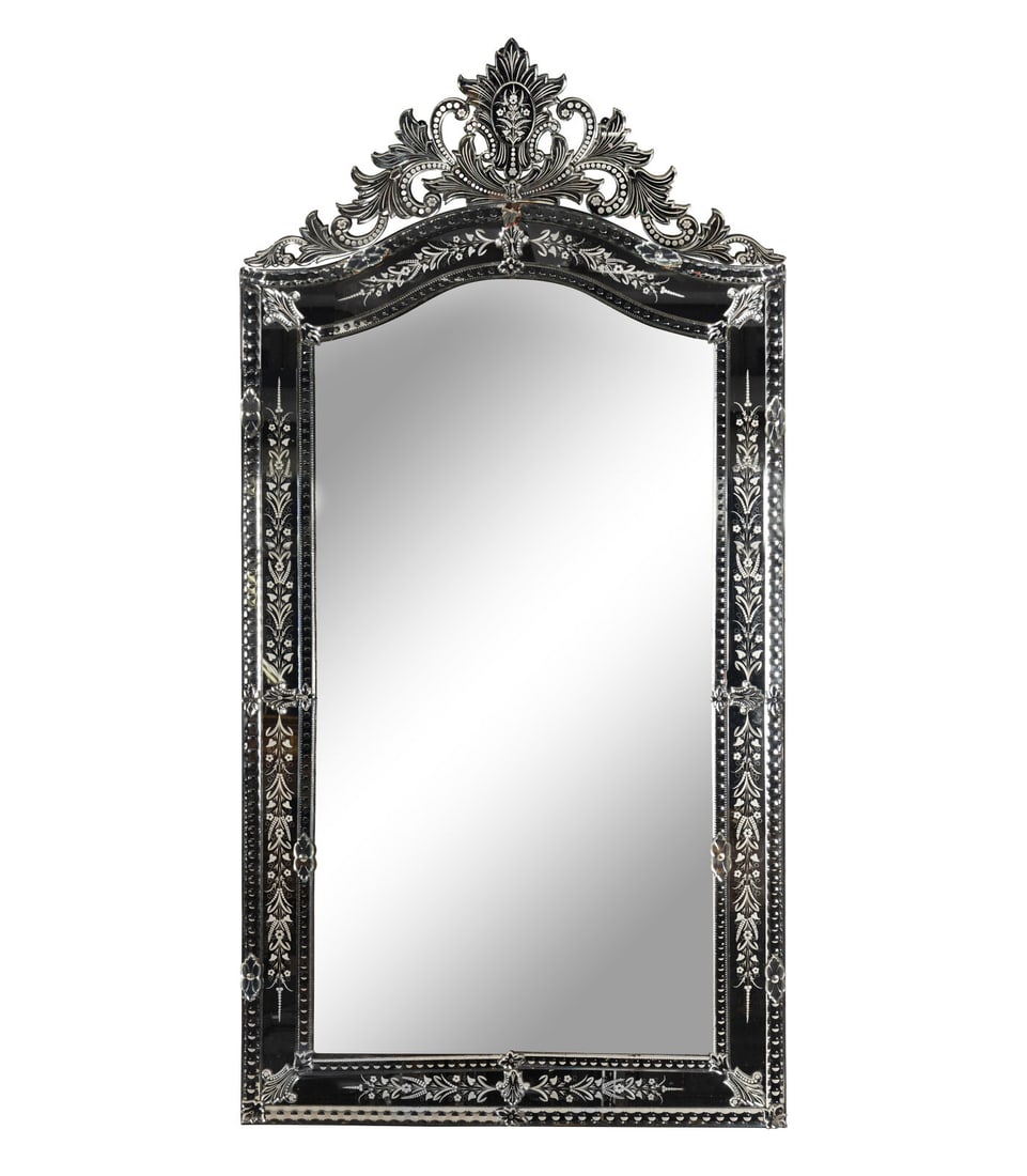 An Oversized Venetian Etched Glass Mirror: An Oversized Venetian Etched Glass Mirror 20th Century Height 124 x width 60 inches. Property from Strawberry Hill: The Collection of Ada and Barrie Regan, Hillsborough, California This lot is