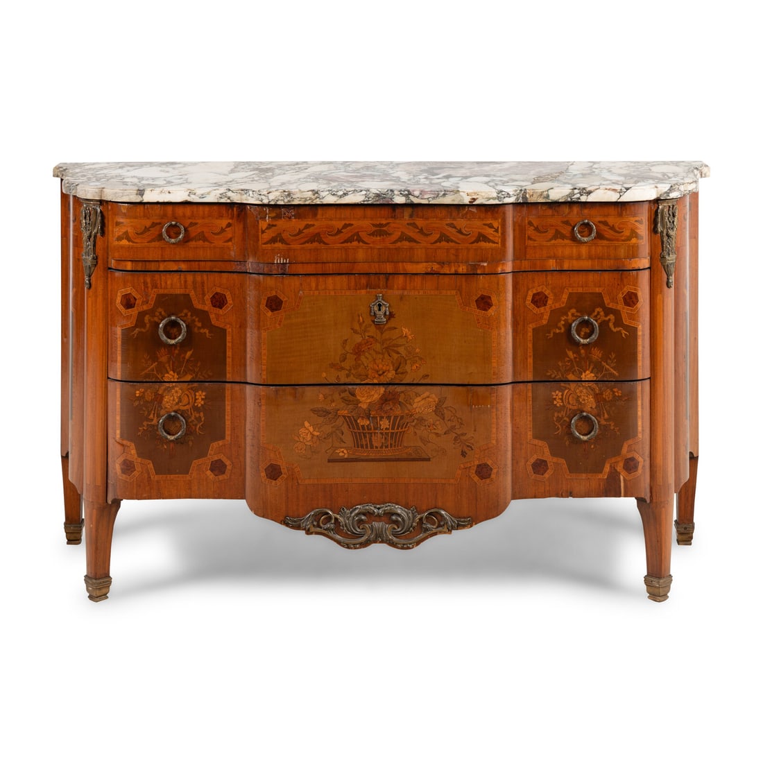 A Louis XVI Style Marquetry and Gilt Bronze Mounted Marble-Top Commode: A Louis XVI Style Marquetry and Gilt Bronze Mounted Marble-Top Commode 20th Century Height 35 x width 60 x depth 21 1/2 inches. Property from Strawberry Hill: The Collection of Ada and Barrie Regan,