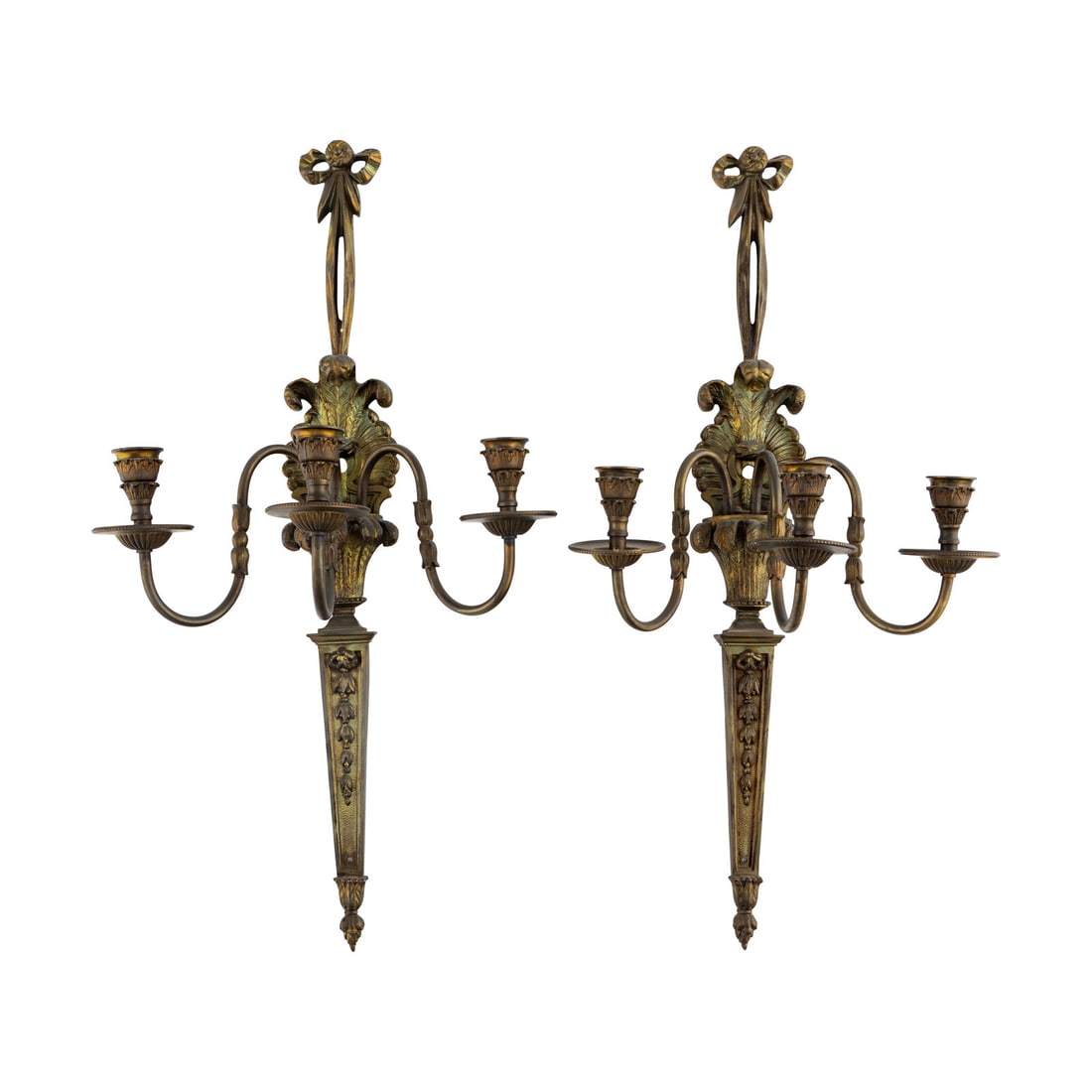 A Pair of Louis XVI Style Bronze Three-Light Sconces: A Pair of Louis XVI Style Bronze Three-Light Sconces 20th Century Height 25 x width 12 1/2 x depth 7 1/2 inches. Property from Strawberry Hill: The Collection of Ada and Barrie Regan, Hillsborough,