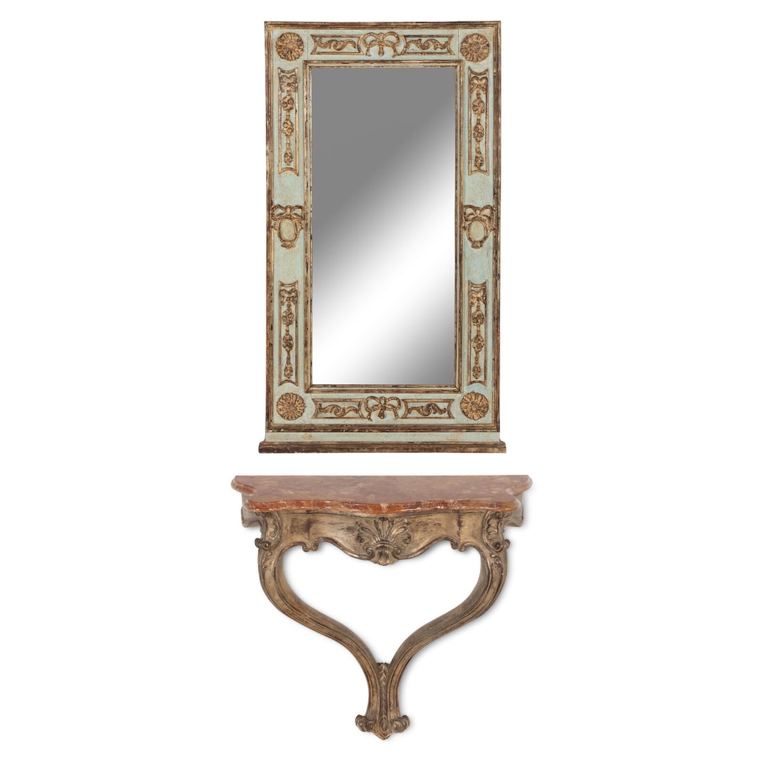 An Italian Grey-Painted Marble-Top Console Table and Associated Mirror: An Italian Grey-Painted Marble-Top Console Table and Associated Mirror 20th Century Height of table 30 x width 30 x depth 11 1/2 inches; height of mirror 47 1/4 x width 27 inches. Property from