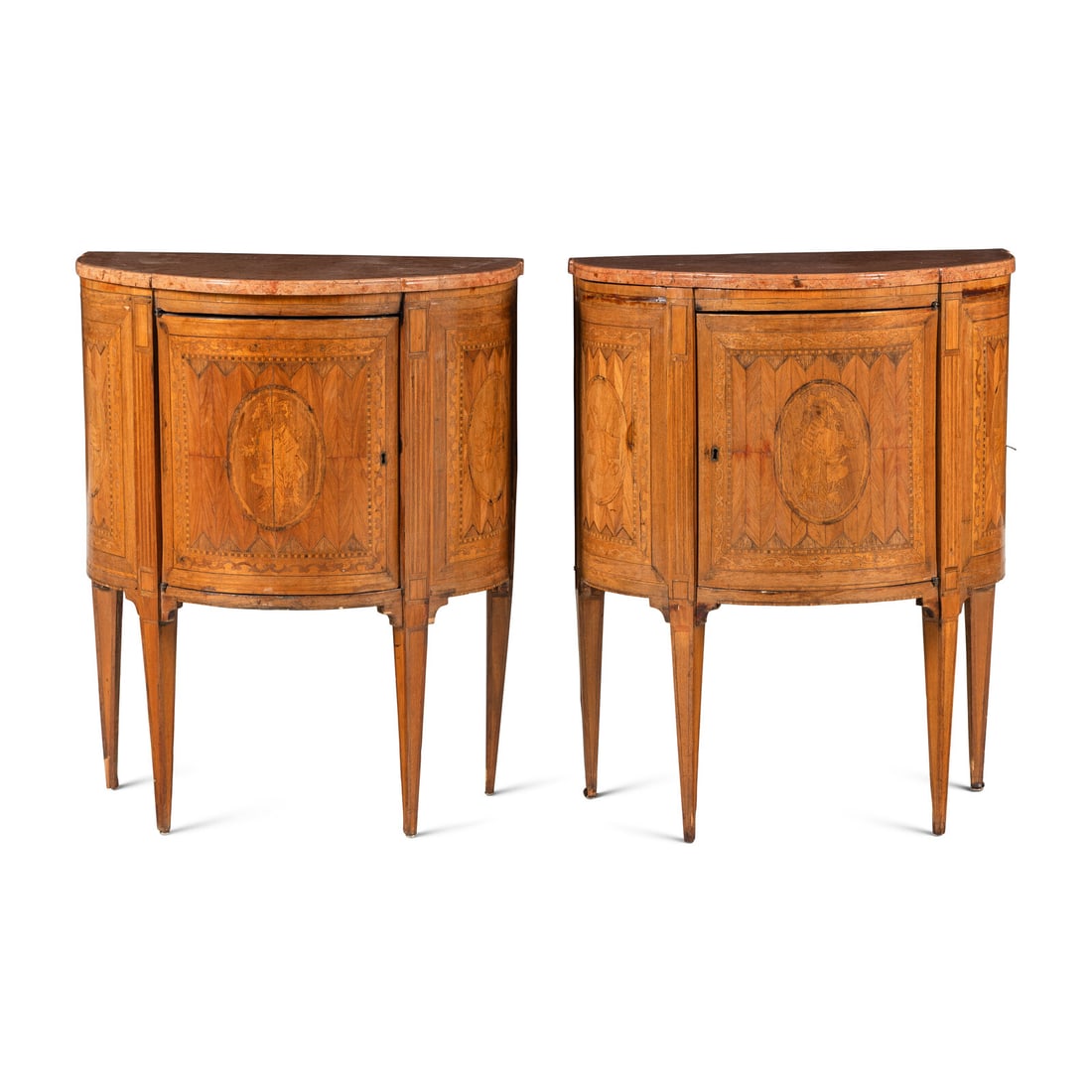 A Pair of Italian Neoclassical Marquetry and Marble-Top Commodini: A Pair of Italian Neoclassical Marquetry and Marble-Top Commodini 19th Century Height 34 1/2 x width 27 1/2 x depth 16 inches. Property from Strawberry Hill: The Collection of Ada and Barrie Regan,