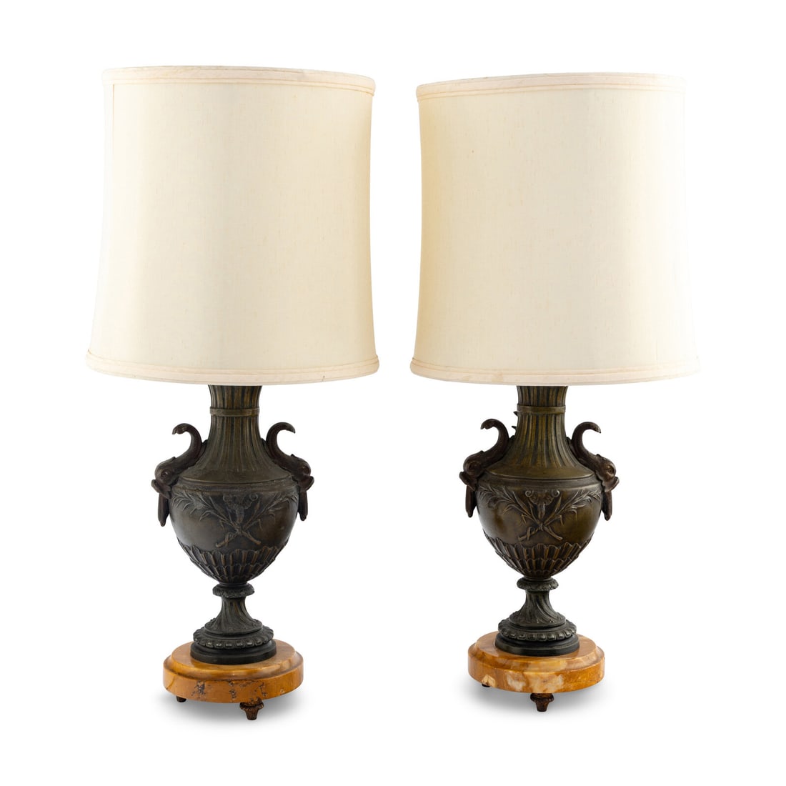 A Pair of French Cast Metal and Marble Lamps: A Pair of French Cast Metal and Marble Lamps 20th Century Height overall 26 1/2 inches. Property from Strawberry Hill: The Collection of Ada and Barrie Regan, Hillsborough, California This lot is loca
