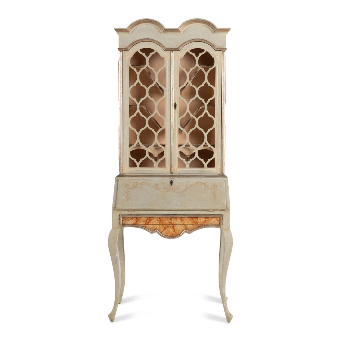 A Venetian Style Faux Marble Painted and Parcel Gilt Bureau Bookcase: A Venetian Style Faux Marble Painted and Parcel Gilt Bureau Bookcase First Half 20th Century Height 82 1/4 x width 33 1/2 x depth 18 1/2 inches (closed). Property from Strawberry Hill: The Collection
